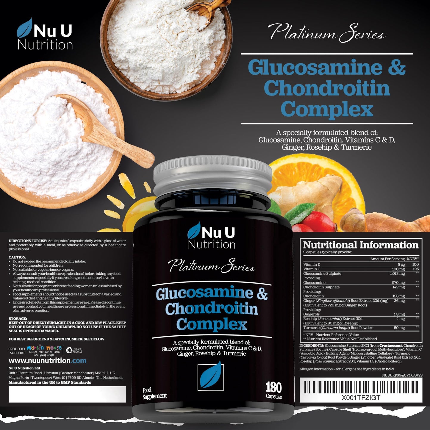 Glucosamine and Chondroitin High Strength Complex - 180 Capsules - with Turmeric, Ginger, Rosehip, Vitamin C & D - Joint Care Supplements for Women & Men - Made in the UK - Nu U Nutrition