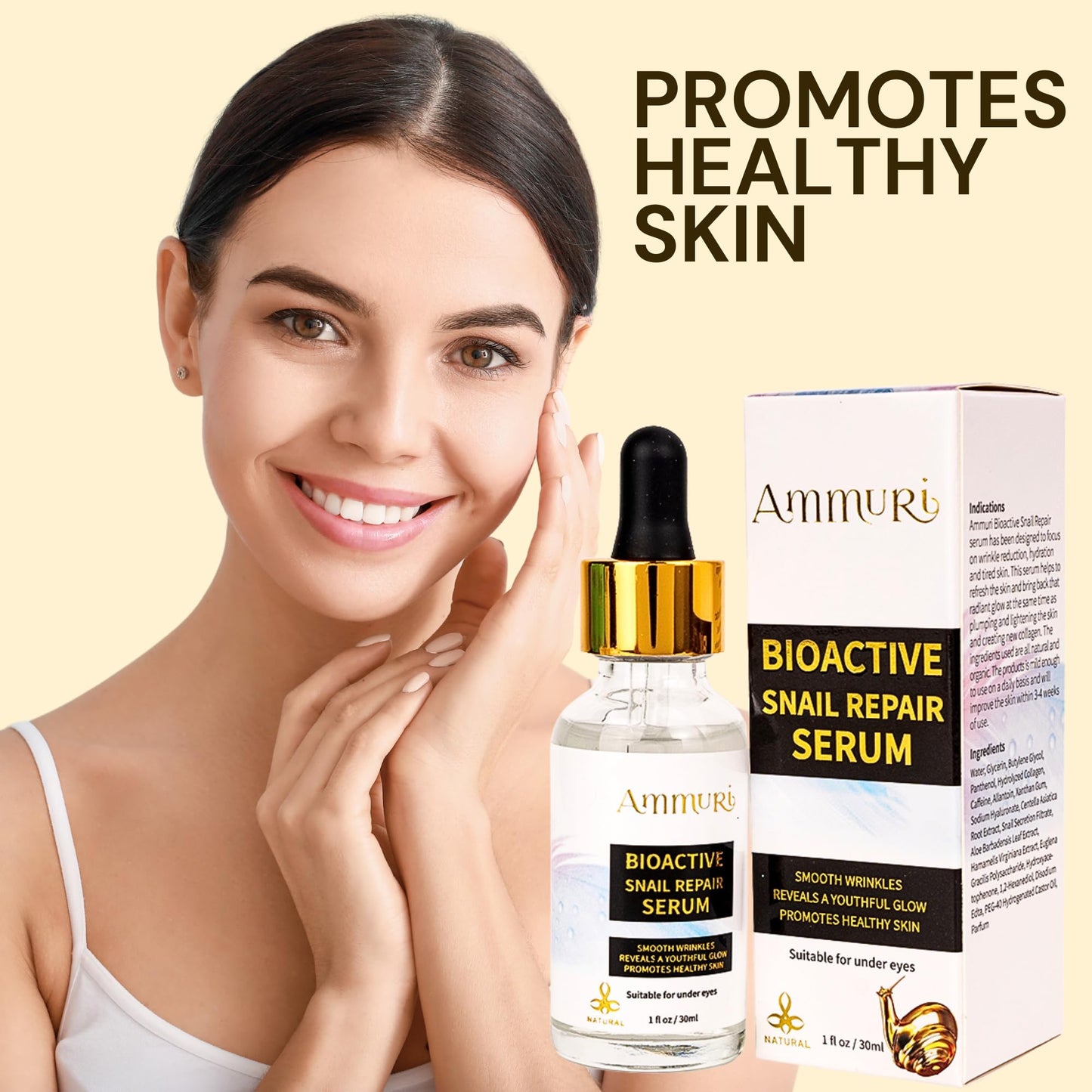 Ammuri Snail Collagen Serum Snail Secret Filtrate 96%, Bioactive Snail Skin Repair Serum Snail Mucin, Snail Secretion Anti-Ageing, Hyaluronic Acid Essence for All Skin Types