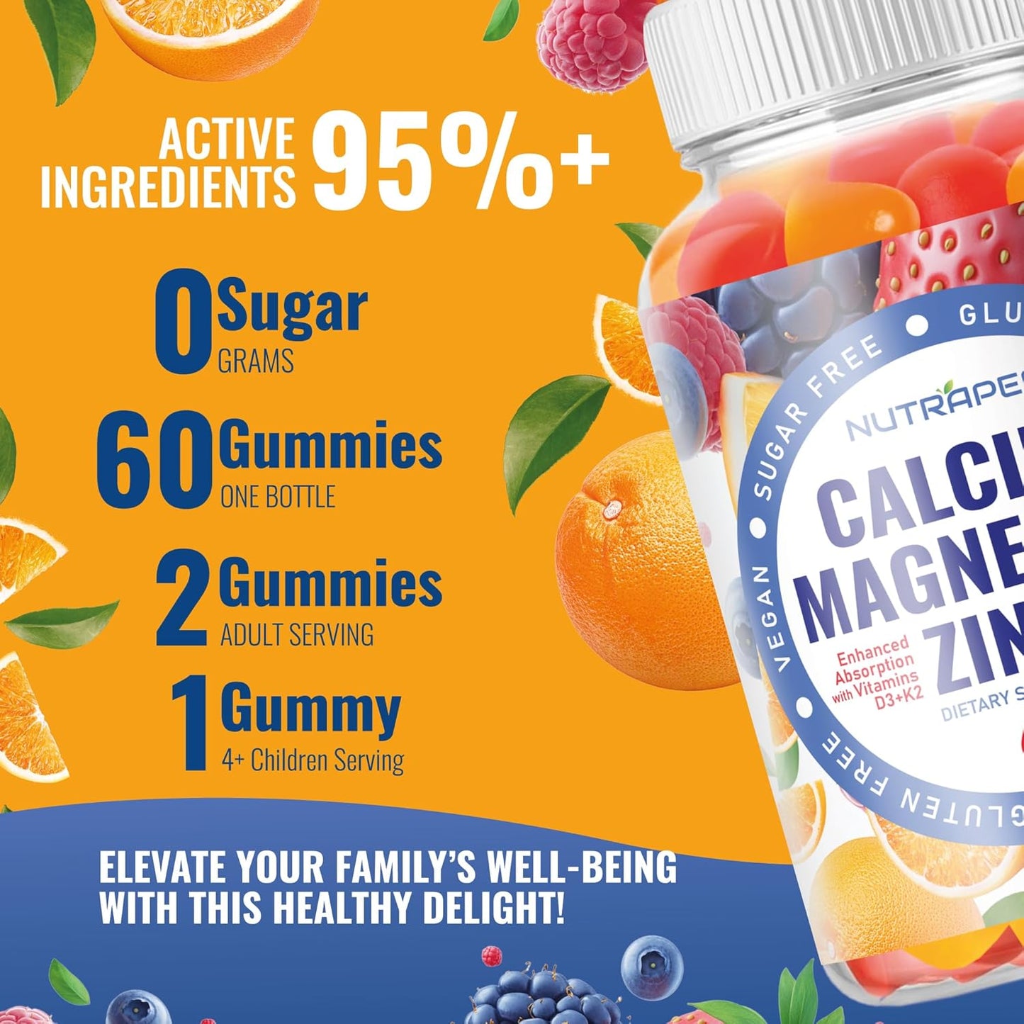 Calcium Magnesium Zinc Supplement Gummies - with Vitamin D3 K2 Magnesium Glycinate - Orange Berry Flavored Vegan Sugar-Free Gluten Free Chewable for Men Women Kids