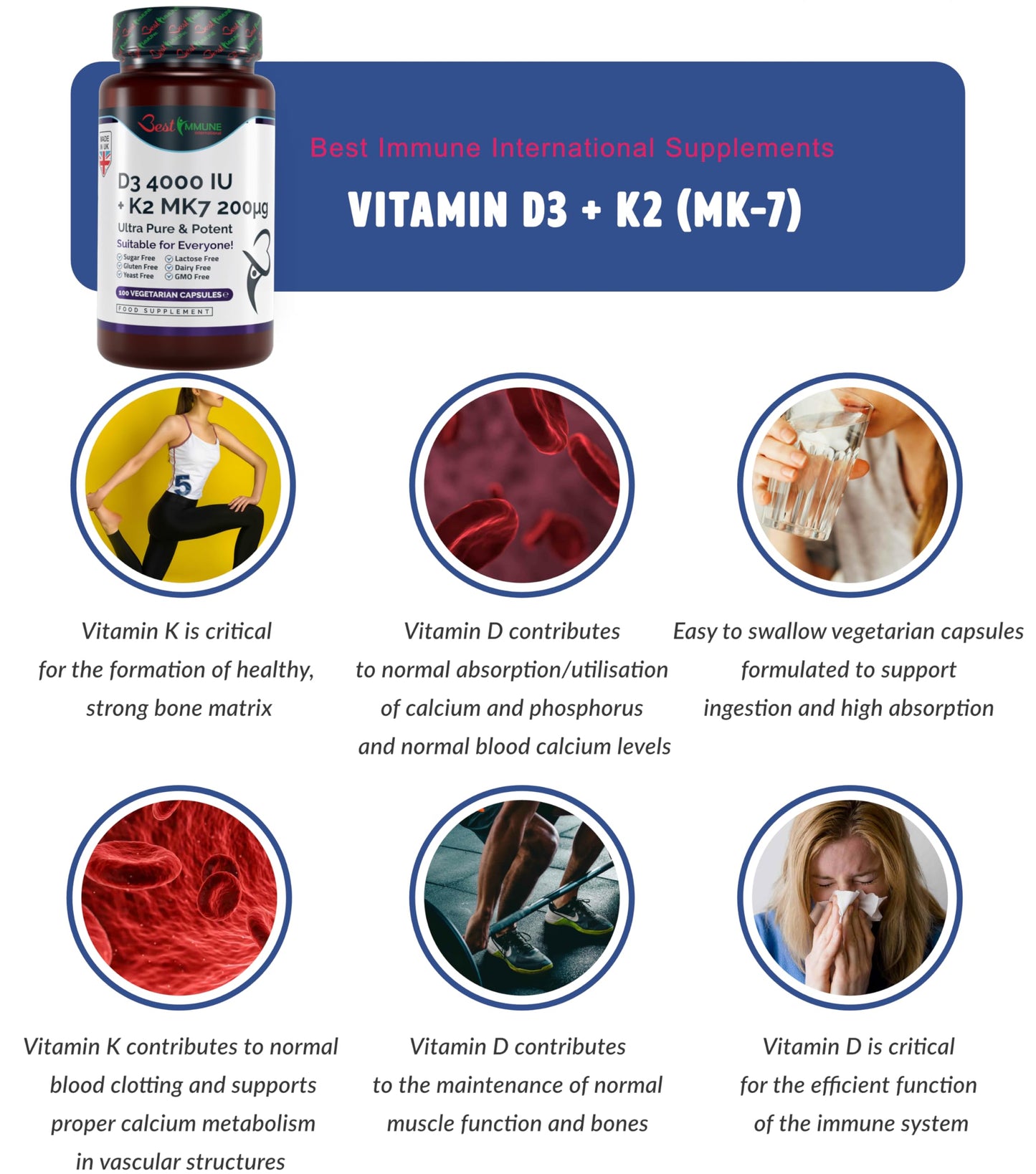 Vitamin D3 4000IU + K2 MK7 200mcg Natural Premium Quality 100 Capsules Immune Support Perfect Proportions Maximum Absorption