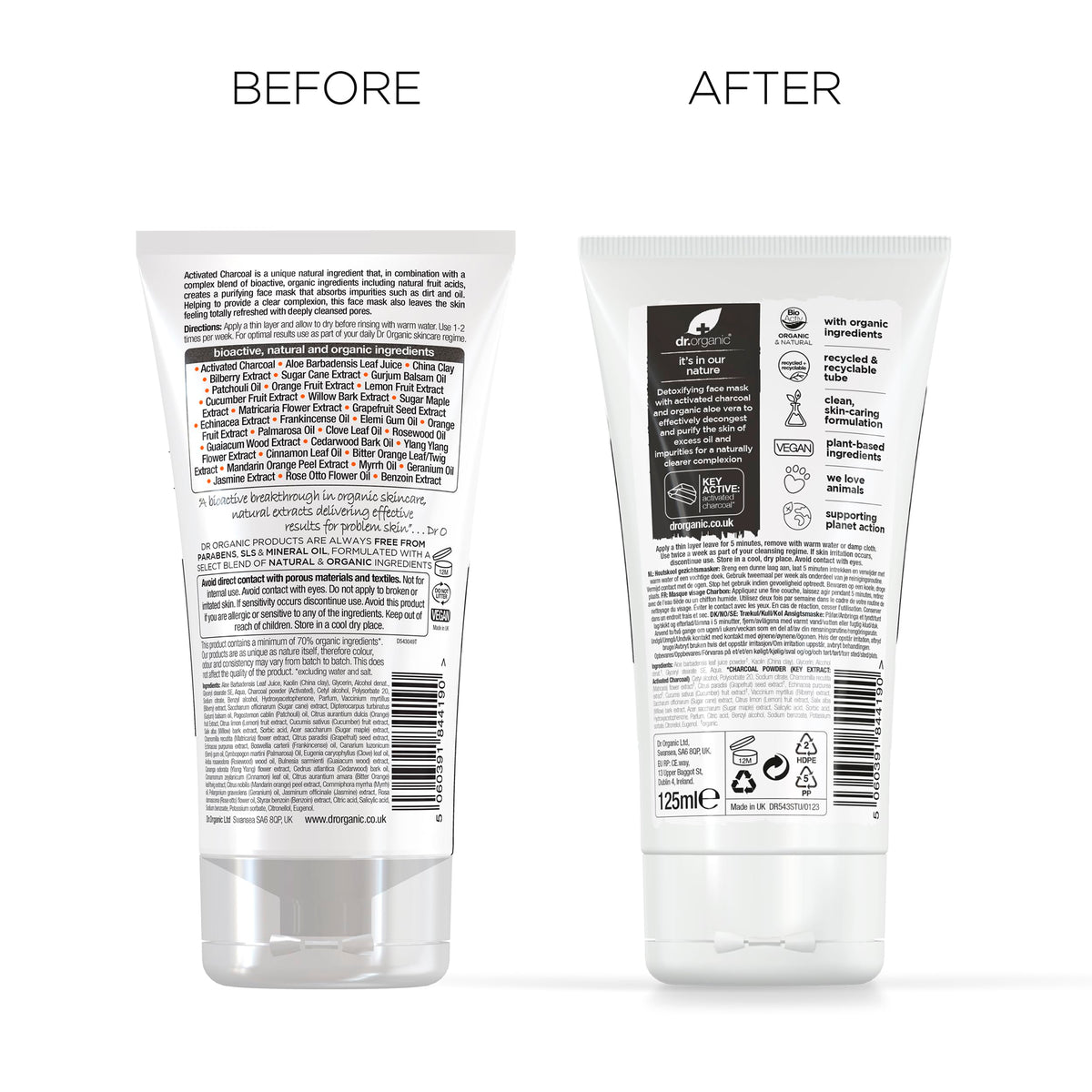 Dr. Organic Dr Organic Charcoal Face Mask, Cleansing, For Acne & Clearing Skin, Oily, Problem Skin, Natural, Vegan, Cruelty-Free, Paraben & SLS-Free, Recycled & Recyclable, Organic, 125ml, Packaging may vary