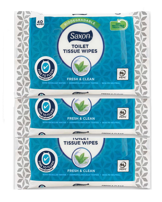 Toilet Tissue Wipes Biodegradable, Normal/Sensitive, Fresh and Clean with Micellar Water - Fine To Flush (3 Pack - 120 Wipes) (Normal)
