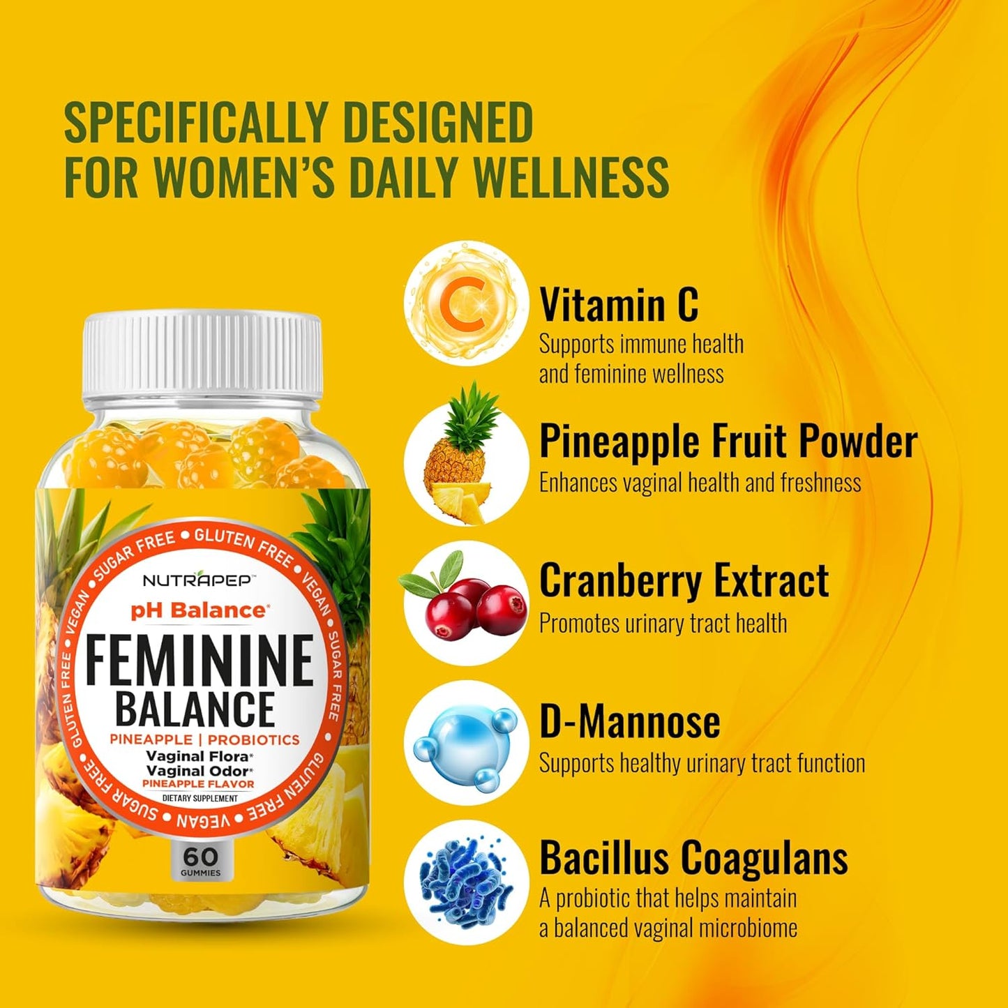 Feminine Balance Probiotics Gummies for Women - Vaginal Health & Women's pH Balance Natural Gummy Supplement with Cranberry Pineapple Powder - Sugar Free Gluten Free Vegan