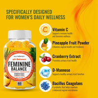 Feminine Balance Probiotics Gummies for Women - Vaginal Health & Women's pH Balance Natural Gummy Supplement with Cranberry Pineapple Powder - Sugar Free Gluten Free Vegan