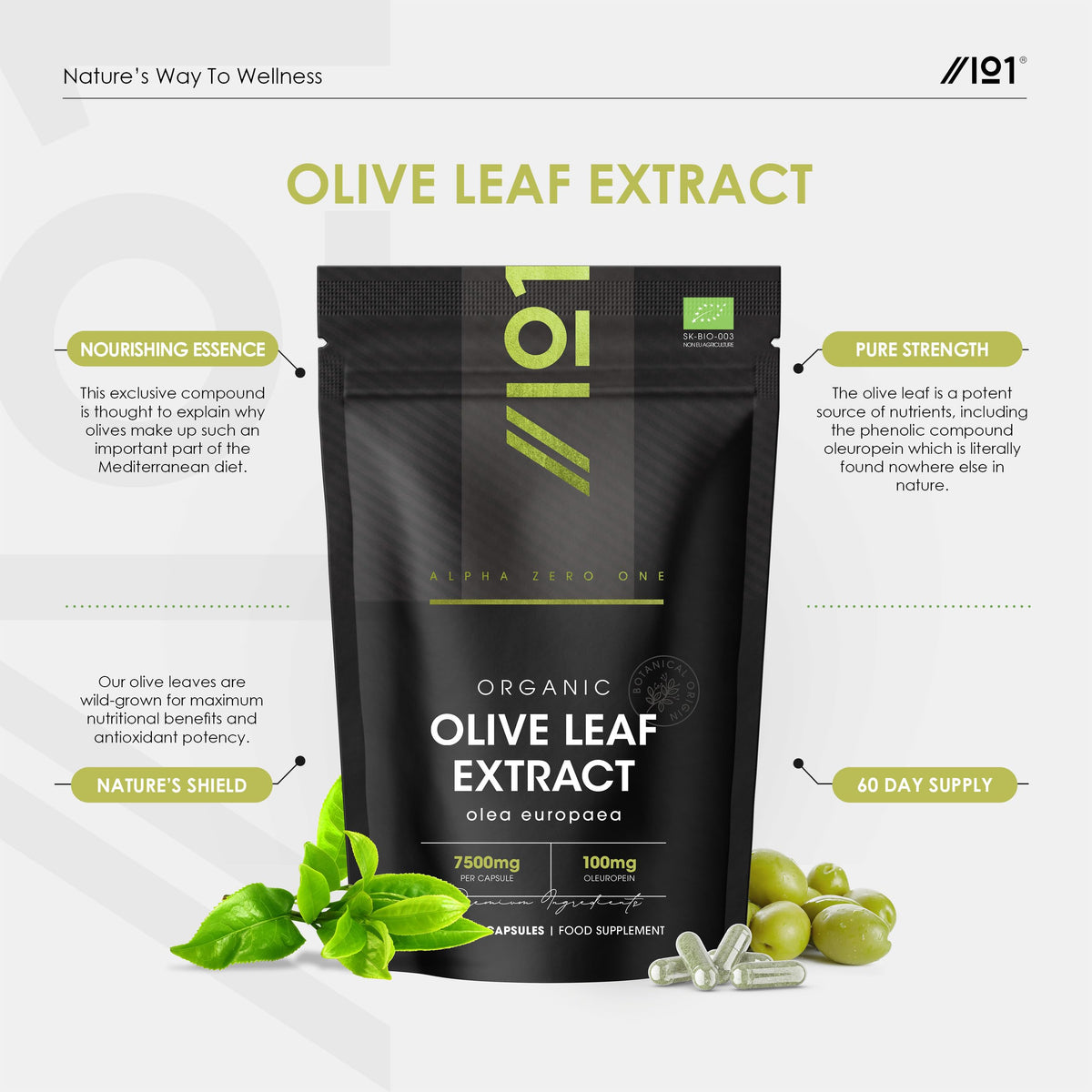 ALPHA01 Organic Olive Leaf Extract 7500mg – Standardised 20% Oleuropein – 60 Vegan Capsules (2 Months Supply) – Resealable and Recyclable Pouch by Alpha01