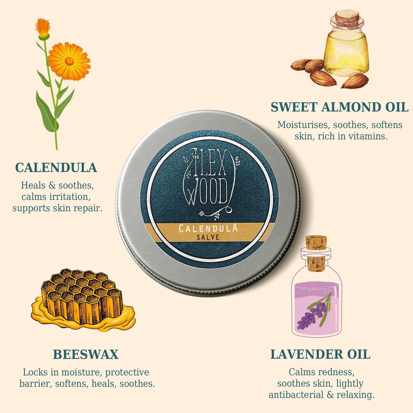 The Ilex Wood - All-Natural Skin Balm - Calendula Salve - soothes rashes, itching, dry skin, eczema, cruelty free, plastic free, handmade in the UK - 100ml