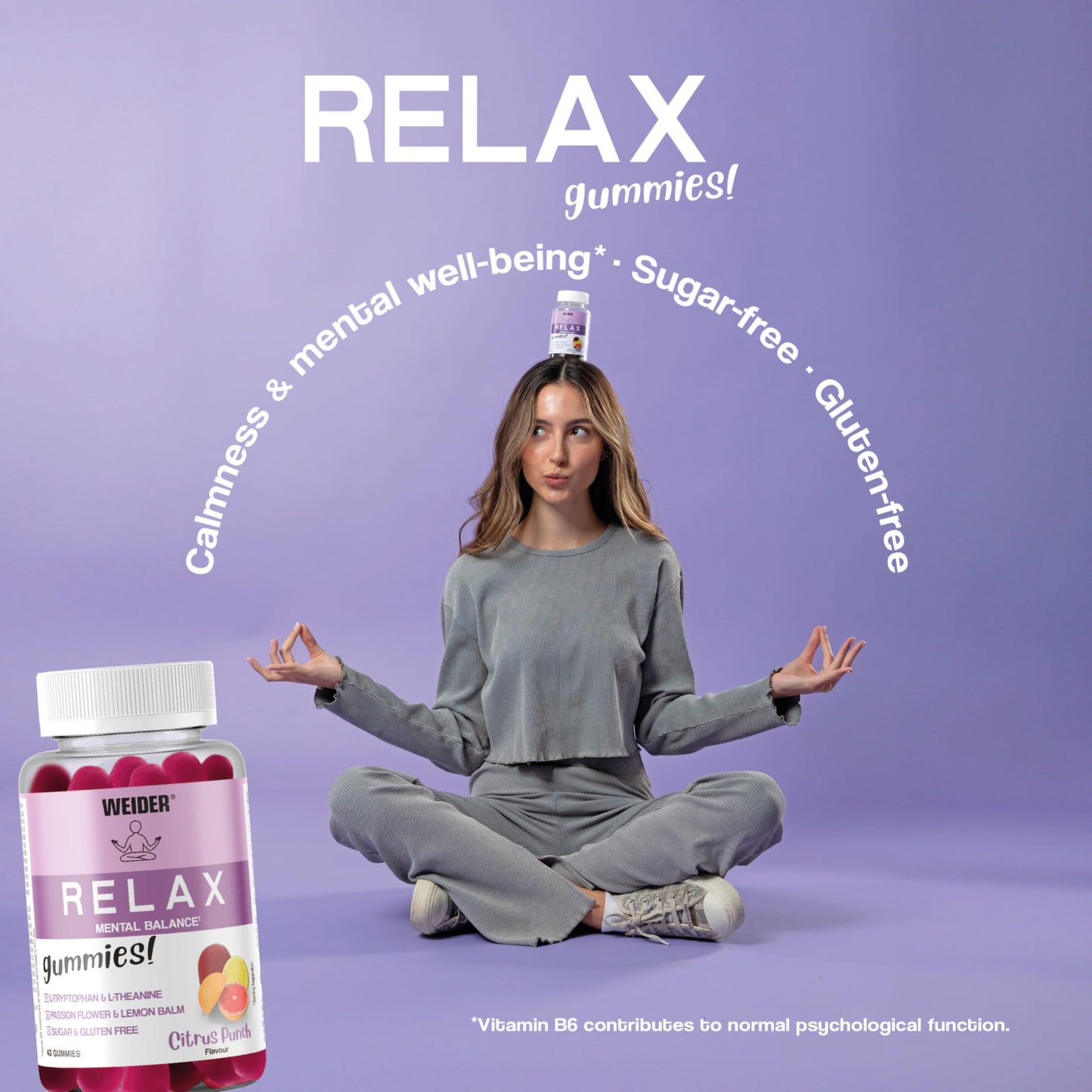 Weider Relax Gummies (40 Gums) Citrus Punch Flavour. Gummies with L-Theanine, L-Tryptophan, Passionflower and Lemon Balm extracts, Vitamin B6. Facilitates Relaxation. No Added Sugars, Gluten-Free.