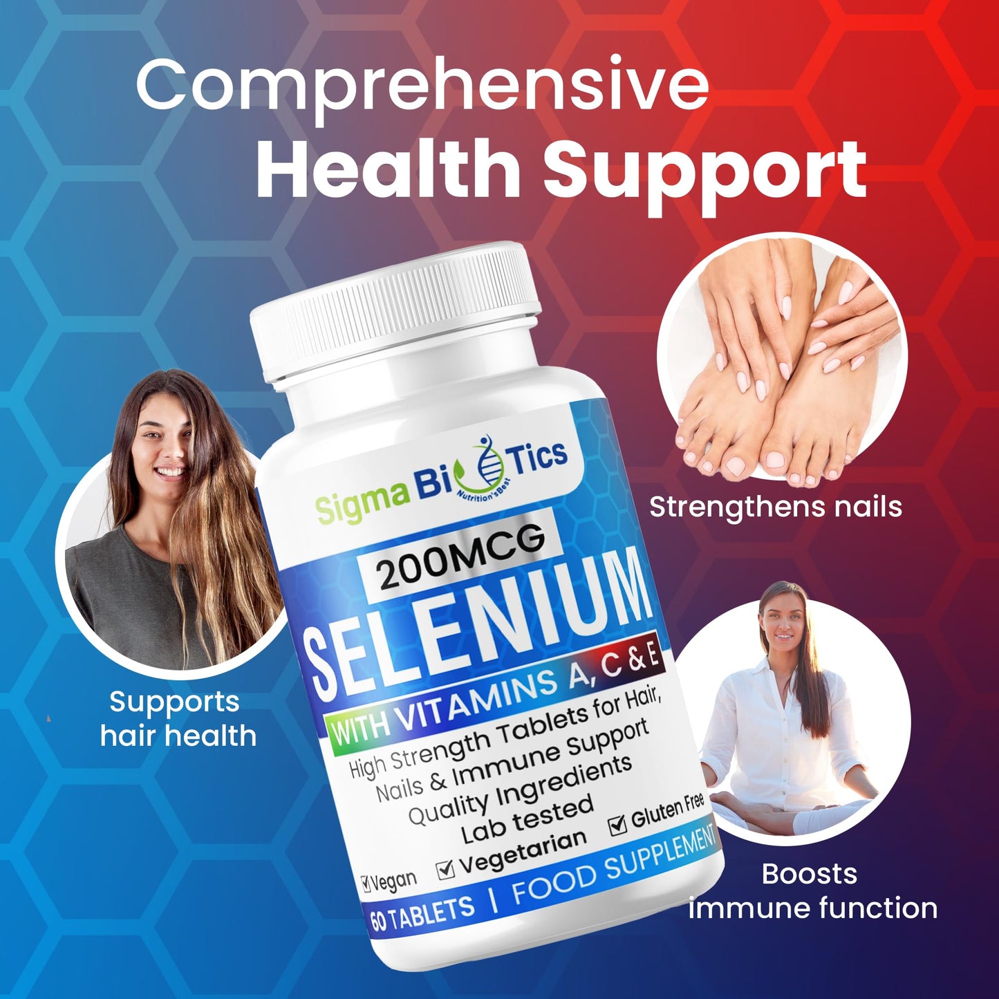 SigmaBiotics Selenium with Vitamins A, C & E - Promotes Healthy Hair, Skin & Nails - Supports the Immune System - Superior Absorption Formula - Vegan and Gluten Free - 60 Tablets for 2 Months Supply