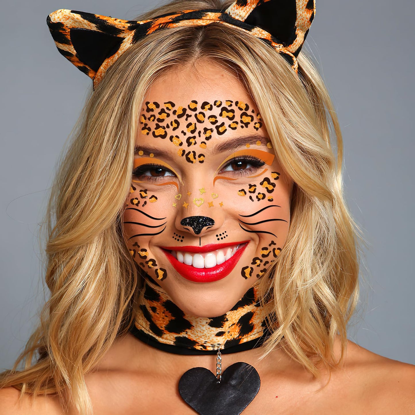 DPKOW Leopard Face Tattoos & Gems, Temporary Tattoos & Face Gems for Kids & Adults, Waterproof, Leopard Print