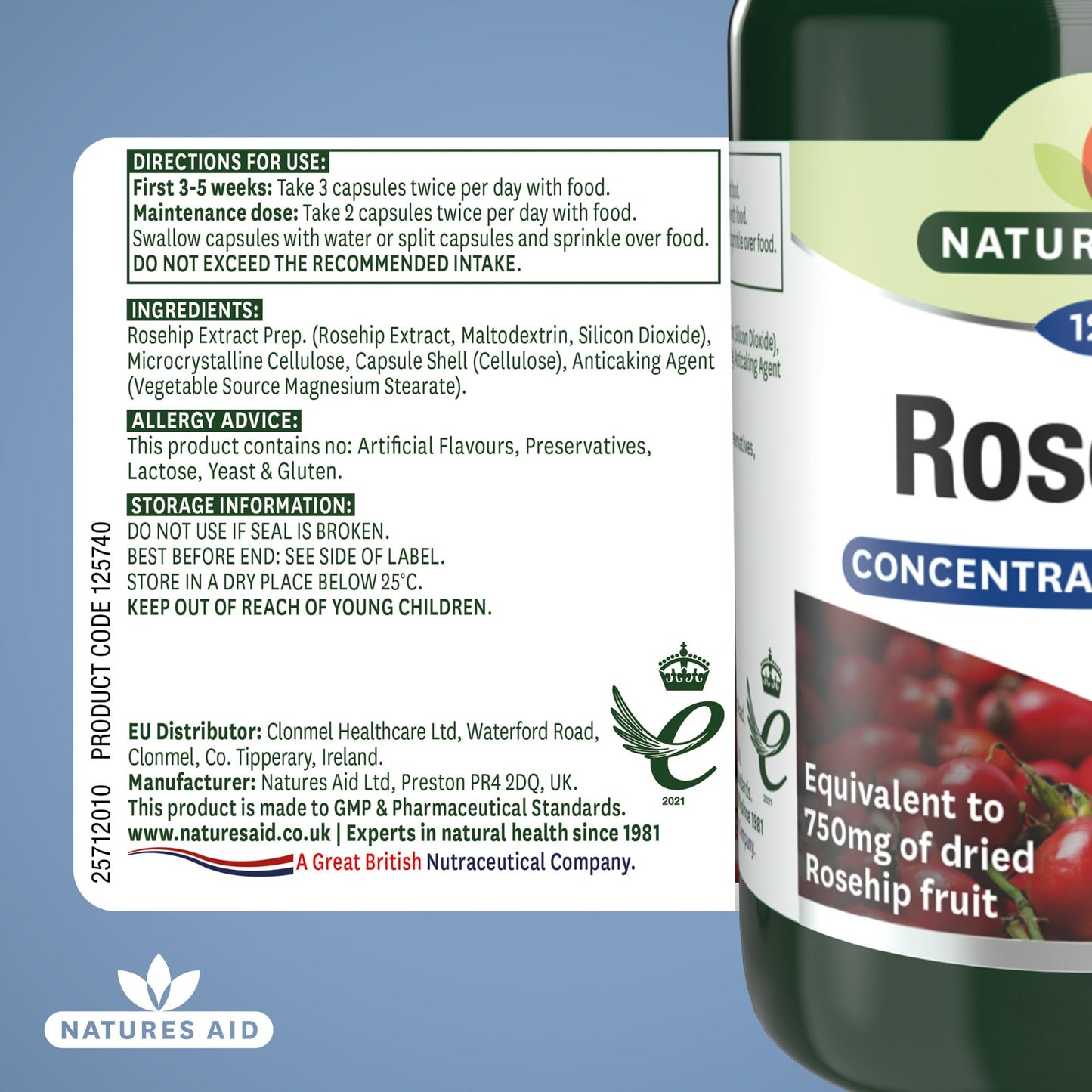Natures Aid Rosehip 750mg 120 Capsules – High Strength Rosa Canina Extract for Joint Support, 3000mg Equivalent of Dried Fruit, Vegan, Gluten-Free, Vegetarian, No Gummies or Tablets