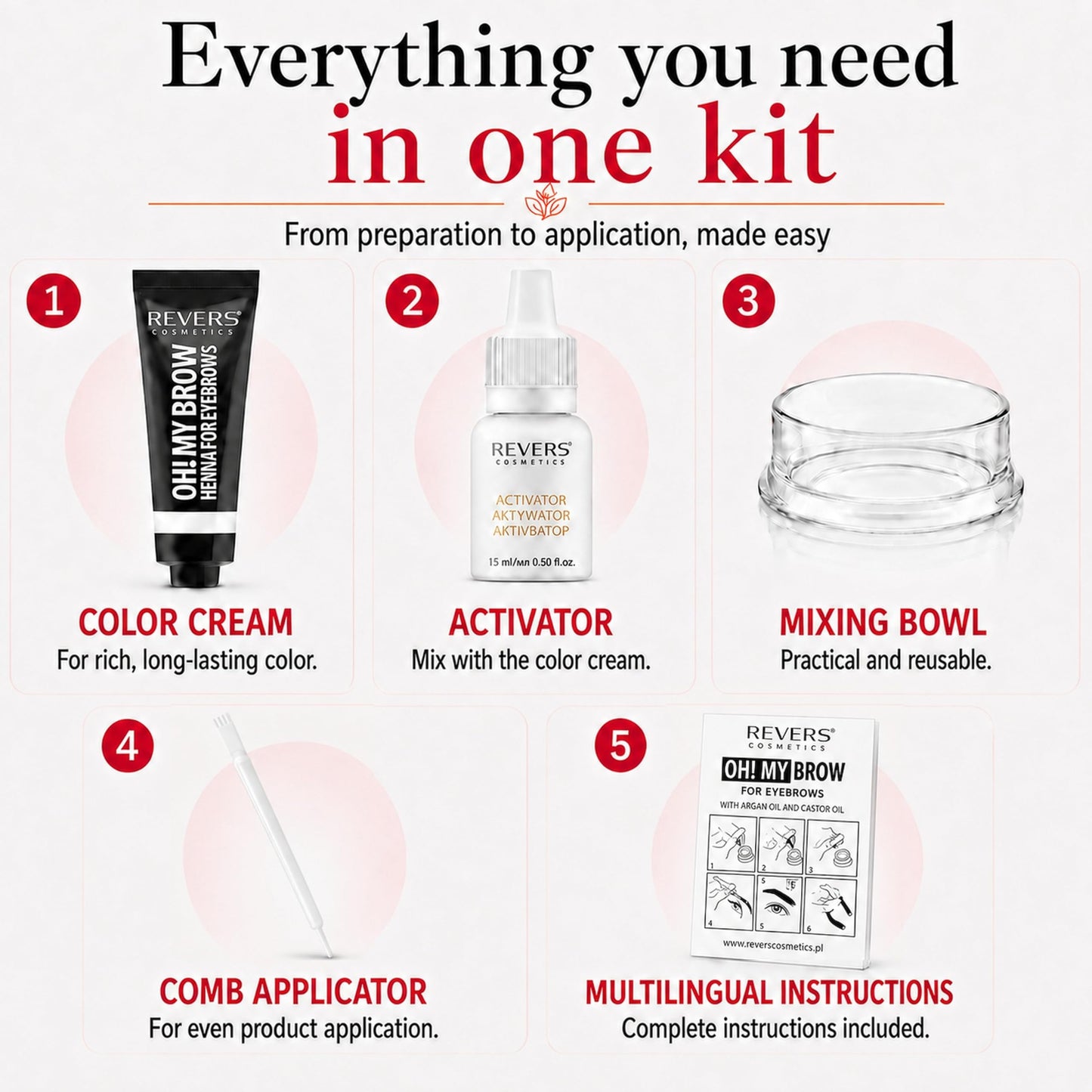 REVERS COSMETICS Eyebrow Dye Kit Dark Brown Ammonia Free, Brow Tint with Argan Oil and Castor Oil, Salon Quality, Natural Result, Lasts Up to 4 Weeks, Up to 15 Applications