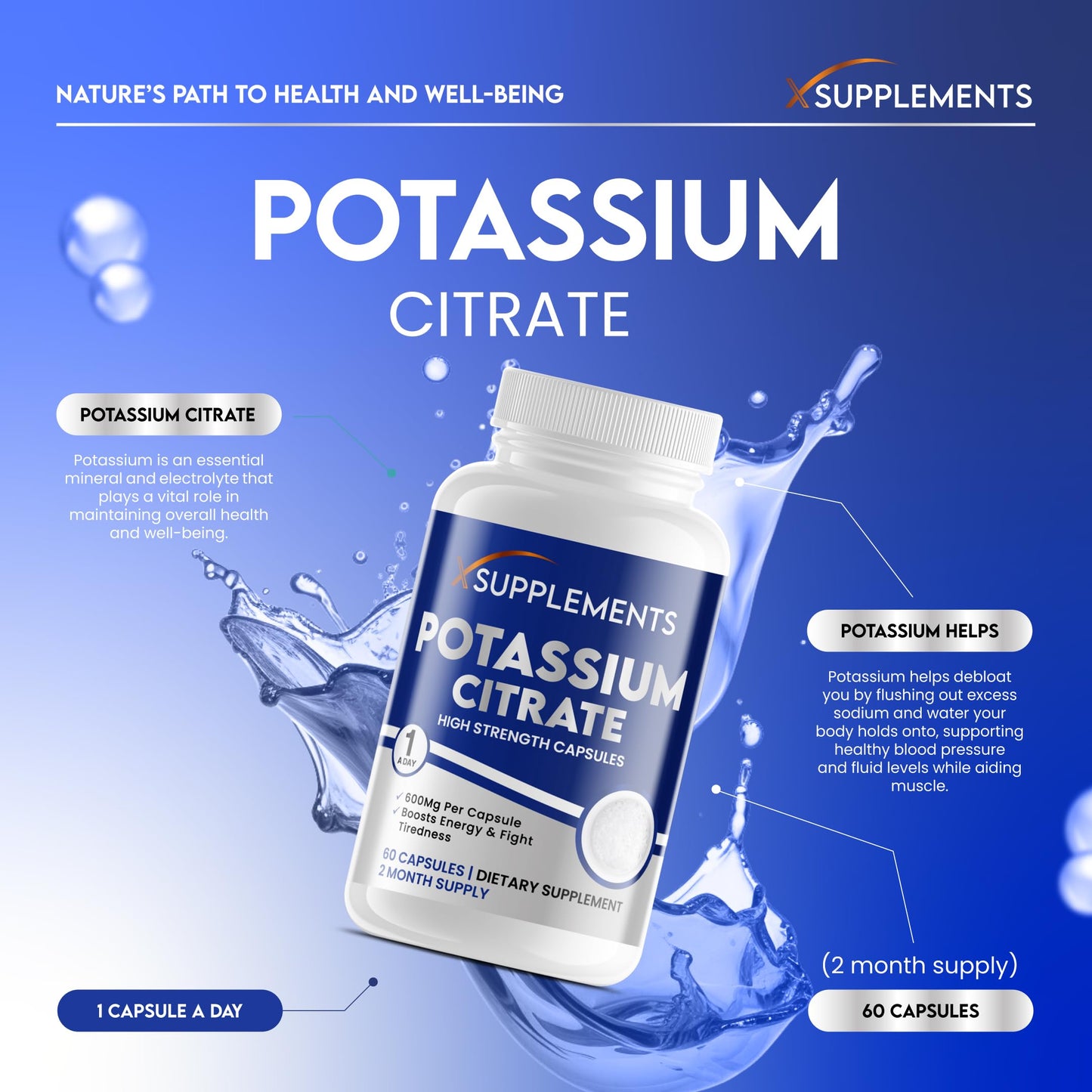 X supplements X Supplements Potassium Citrate Capsules | 600mg Per Serving | 60 Vegan Capsules | 2 Month Supply | High Strength Potassium Supplements for Kidney Health | Muscle & Nerve Function