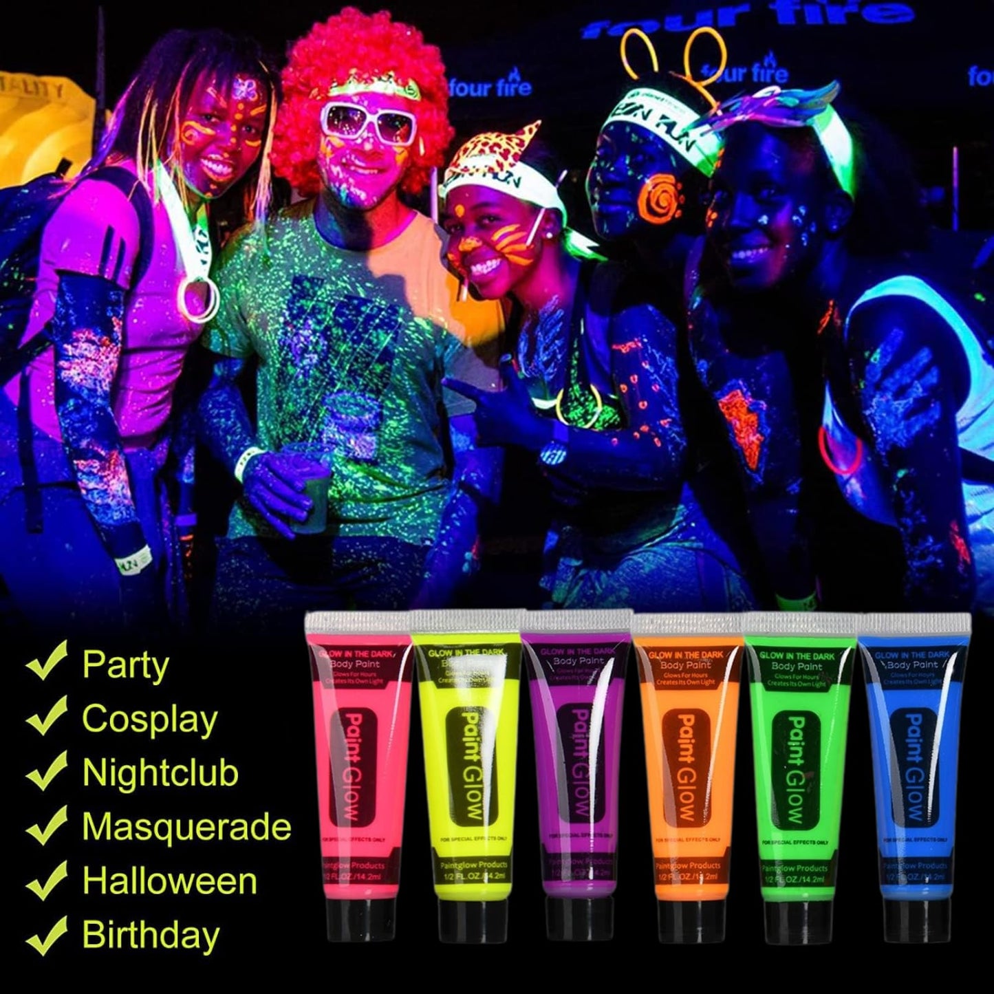 SHEBEEDO 6PCS Glow Under Black Light Neon Face Paint, Vibrant Neon Party Accessories for Adults, Festival Face Paint That Glows in the Dark, High - Quality Body Paint