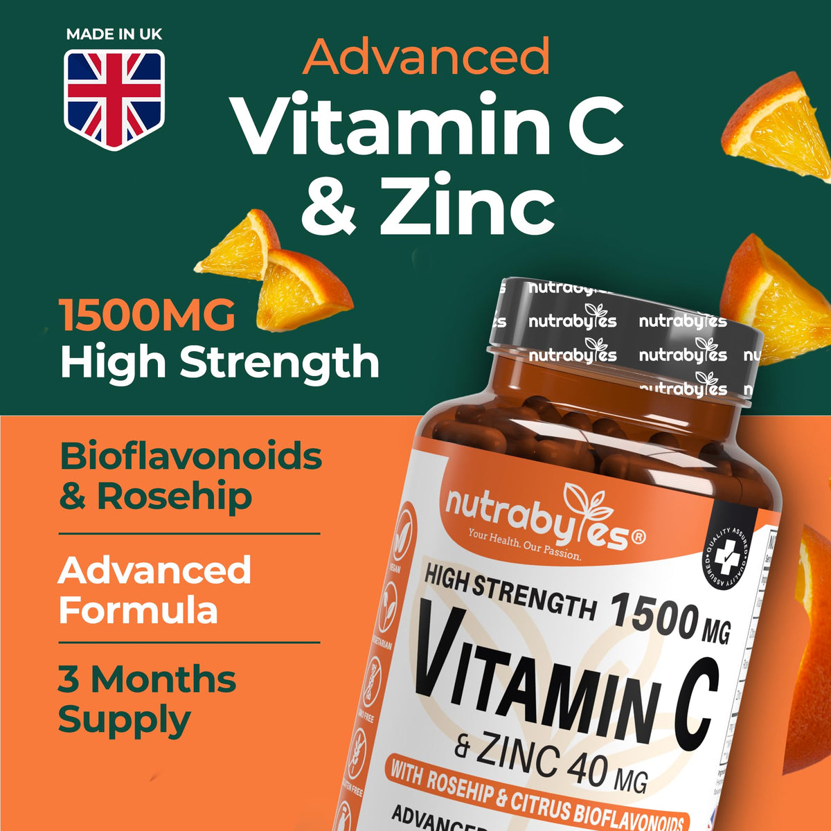 NUTRABYTES Nutrabytes High Strength 1,500mg Vitamin C & 40mg Zinc Supplement, 180 Capsules | Advanced Immune Support with Zinc, Rosehip & Citrus Bioflavonoids | 3 Months | Vegan Capsules | UK Made