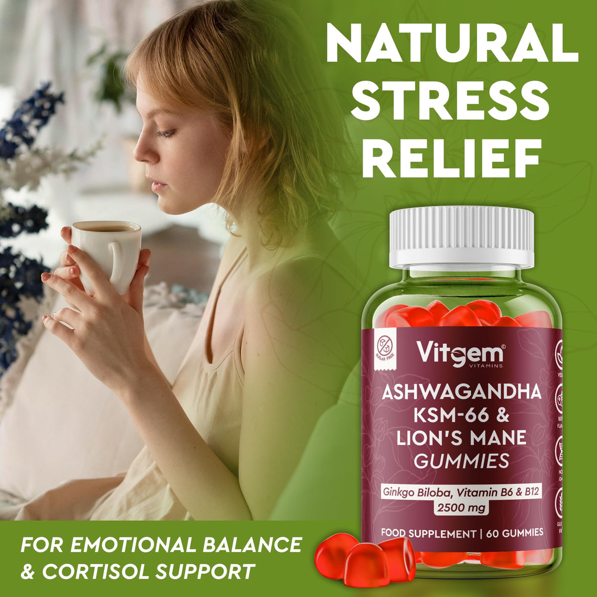 Vitgem 60 Chews KSM-66 Ashwagandha and Lions Mane Gummies for Adults – Sugar-Free Natural Nootropic for Focus, Memory & Stress Relief – Vegan Berry Flavor – Cognitive & Cortisol Balance Supplement