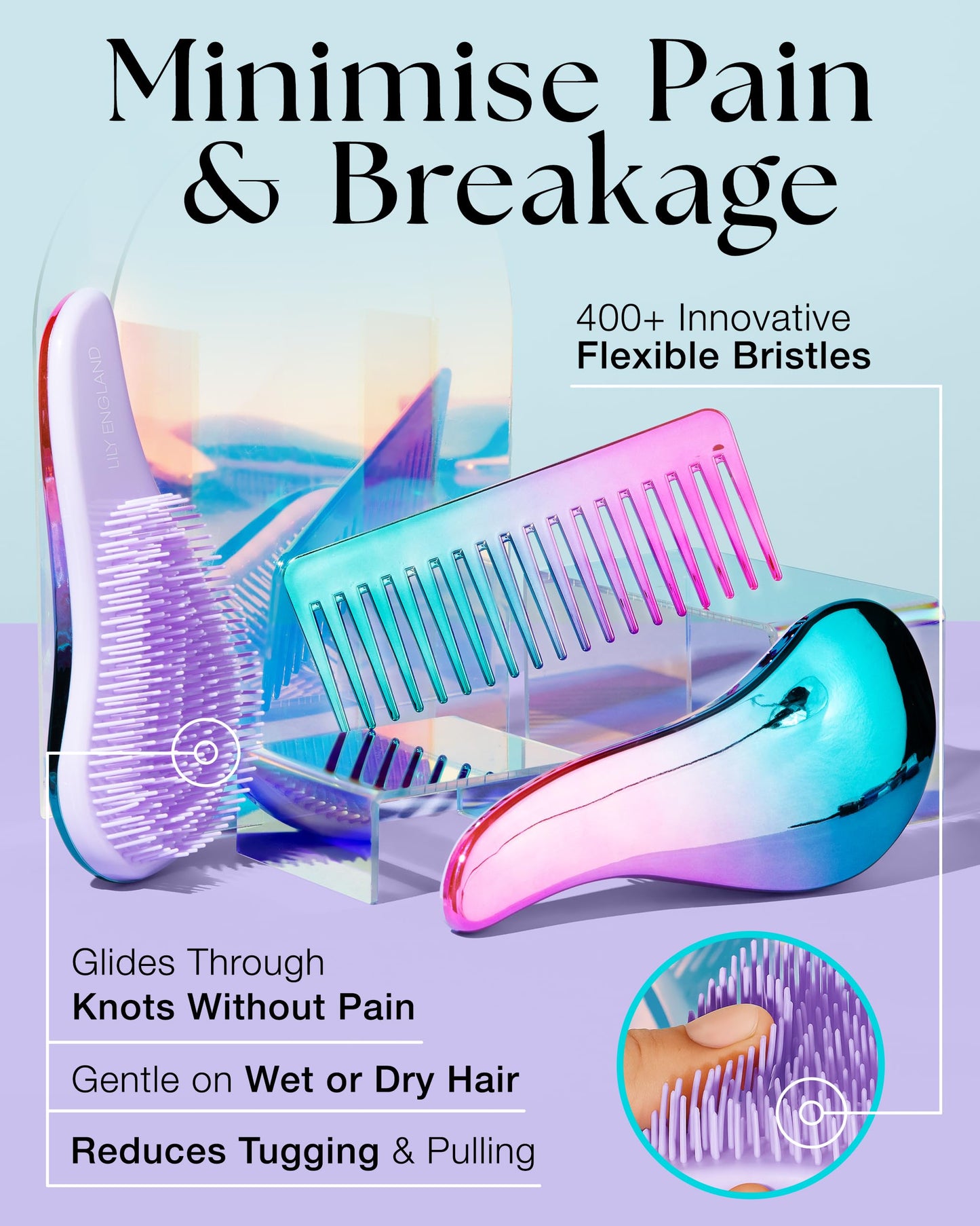Detangle Hair Brush and Wide Tooth Comb Set Easy to Hold Detangler Hairbrush and Detangling Comb for Women and Kids for Wet or Dry, Fine, Curly, Thick, Afro Hair by Lily England (Ombre)
