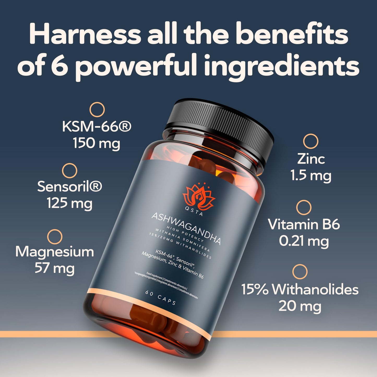 QSTA Ashwagandha KSM 66 + Sensoril (15-20% Withanolides) Cortisol Reducing Supplements for Deep Sleep, Energy, Concentration and Stress Relief. 2 Month Supply Ashwagandha High Strength KSM 66 Capsules