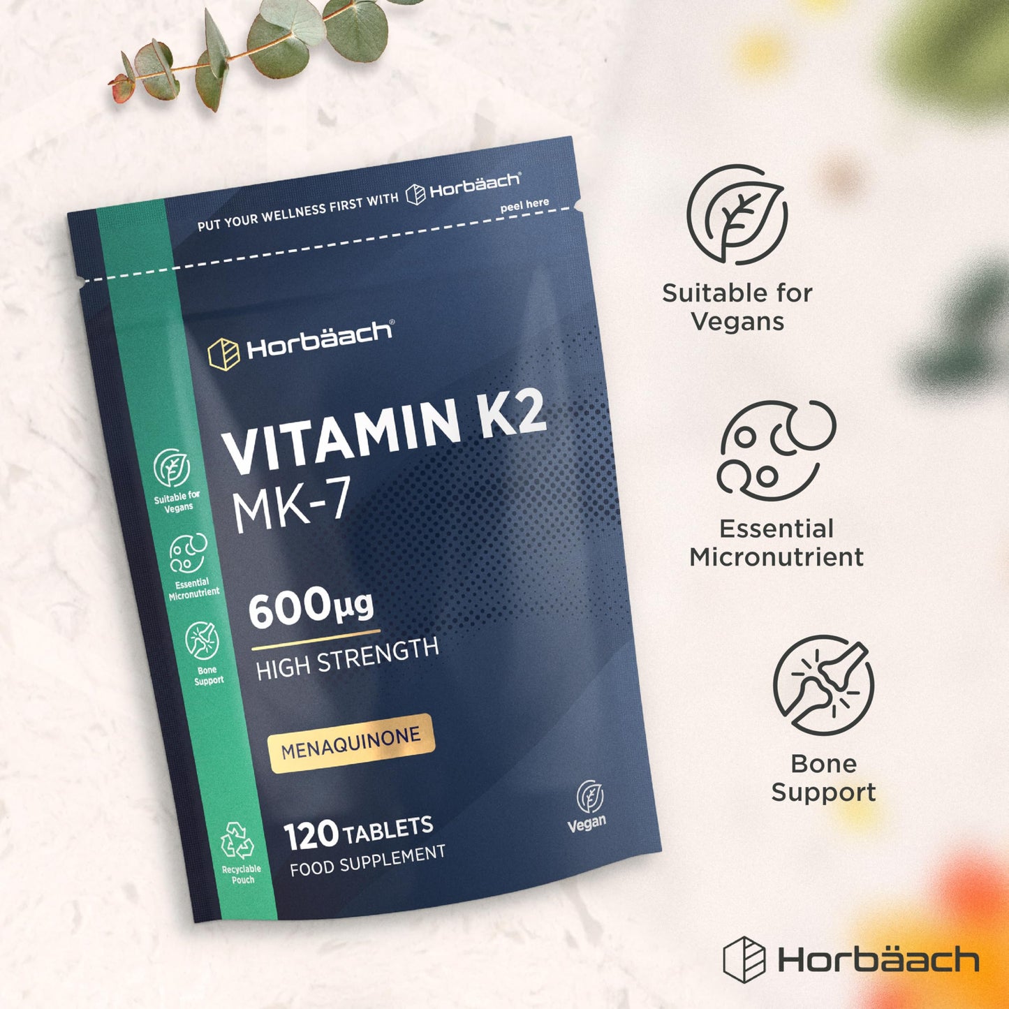 Horbäach Vitamin K2 MK7 High Strength 600mcg | 120 Tablets (Not Capsules) | Vitamin K2 Menaquinone MK-7 Supplement | Bioavailable Formula for Men & Women | Suitable for Vegans | By Horbaach