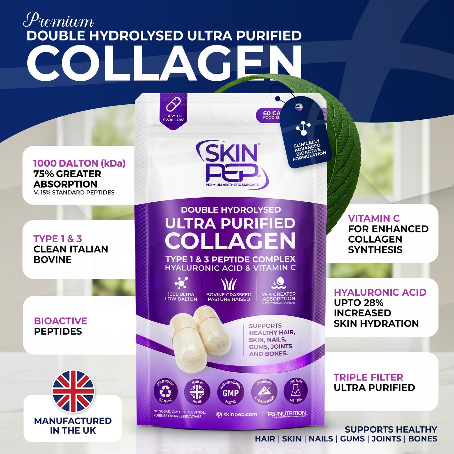 Bio-Active 100% Pure Bovine - SkinPep Hydrolysed Collagen Peptides 1080mg -120 Capsules | Vitamin C & Hyaluronic Acid | Grass-Fed, Halal Certified, Made in UK | Type I & III Skin, Hair & Joint Support