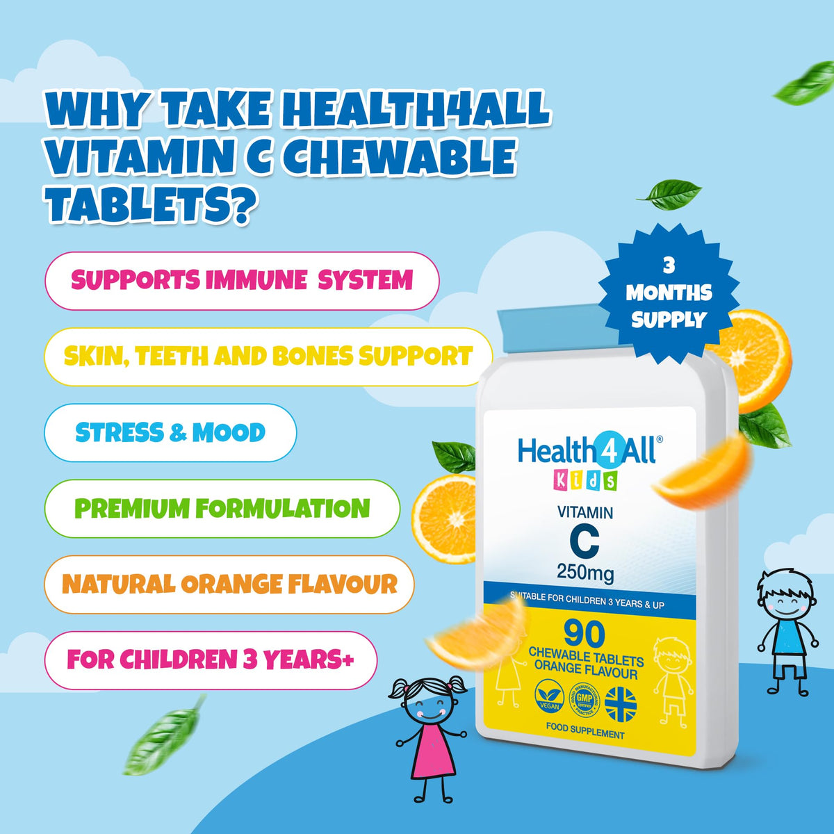 Health4All Kids Vitamin C 250mg, 90 Chewable Tablets for Children 3+, Immune Support