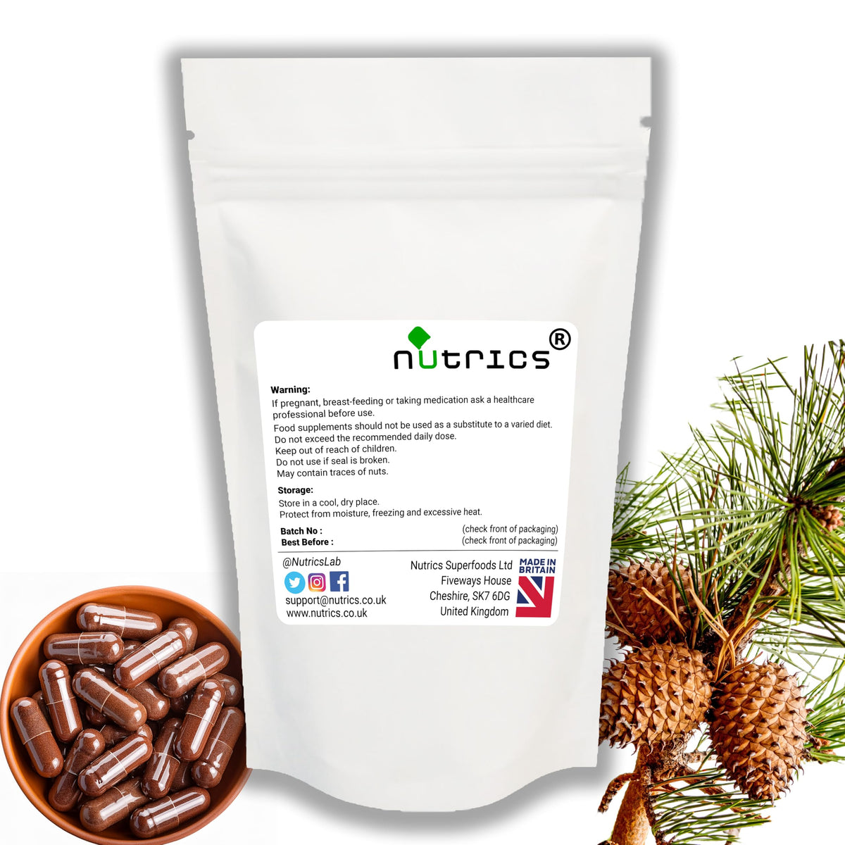 Nutrics® 14,000mg (per Capsule) French Maritime Pine BARK Extract 95% Proanthocyanidins Pure 60 Vegan Capsules (2 Month Supply) Free from fillers Binders & Bulking Agents