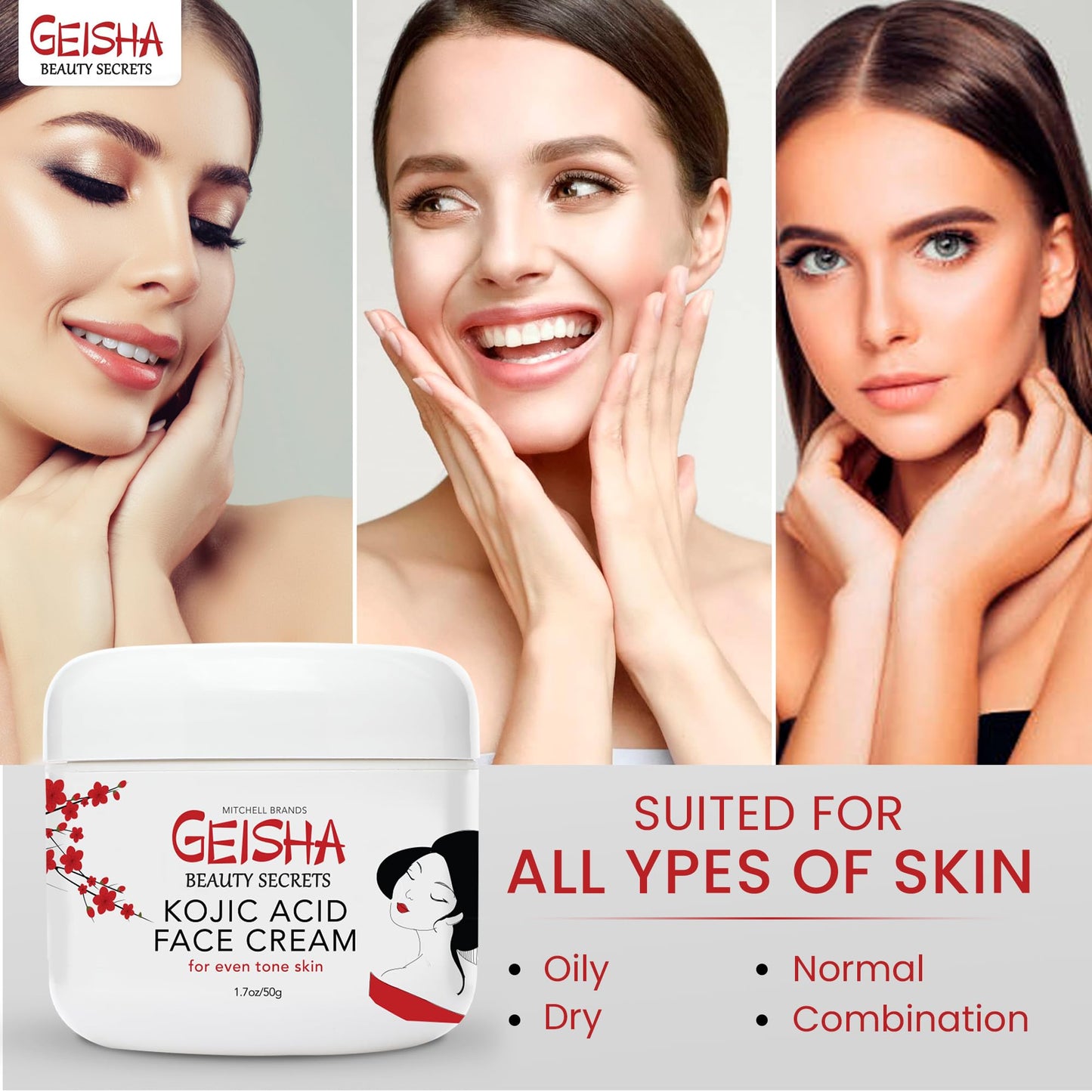 Geisha, Kojic Acid Cream | 1.7 fl oz / 50 ml | Skin Brightening Cream, Freckle Removal for Face, Knees, Body, Armpits, Neck, Underarm, Intimate Parts