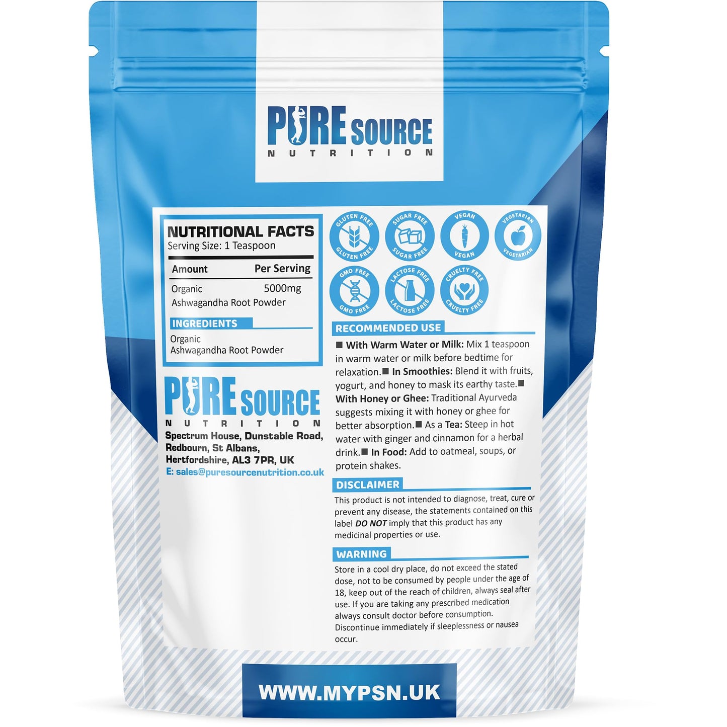 Pure Source Nutrition Organic Ashwagandha Powder 250g Supports Immunity | Premium Ashwagandha Root Superfood Anxiety, Stress & Fatigue Relief, Sleep Aid, Energy Increase Zero Additives Vegan Powder by PSN (250g)