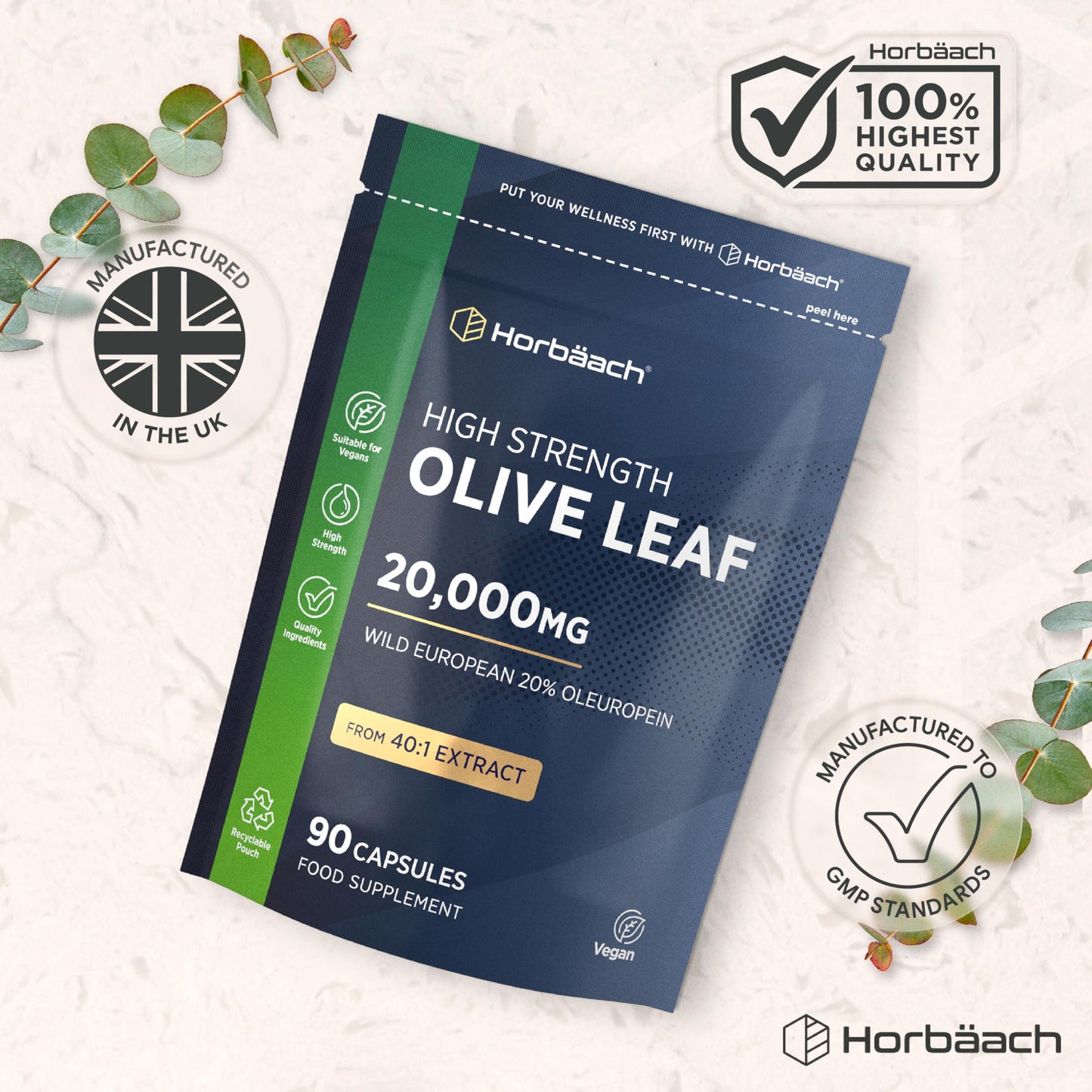 Horbäach Olive Leaf Extract Capsules 20,000mg | Wild European 20% Oleuropein | High Strength Supplement | 90 Vegan Capsules | Horbaach