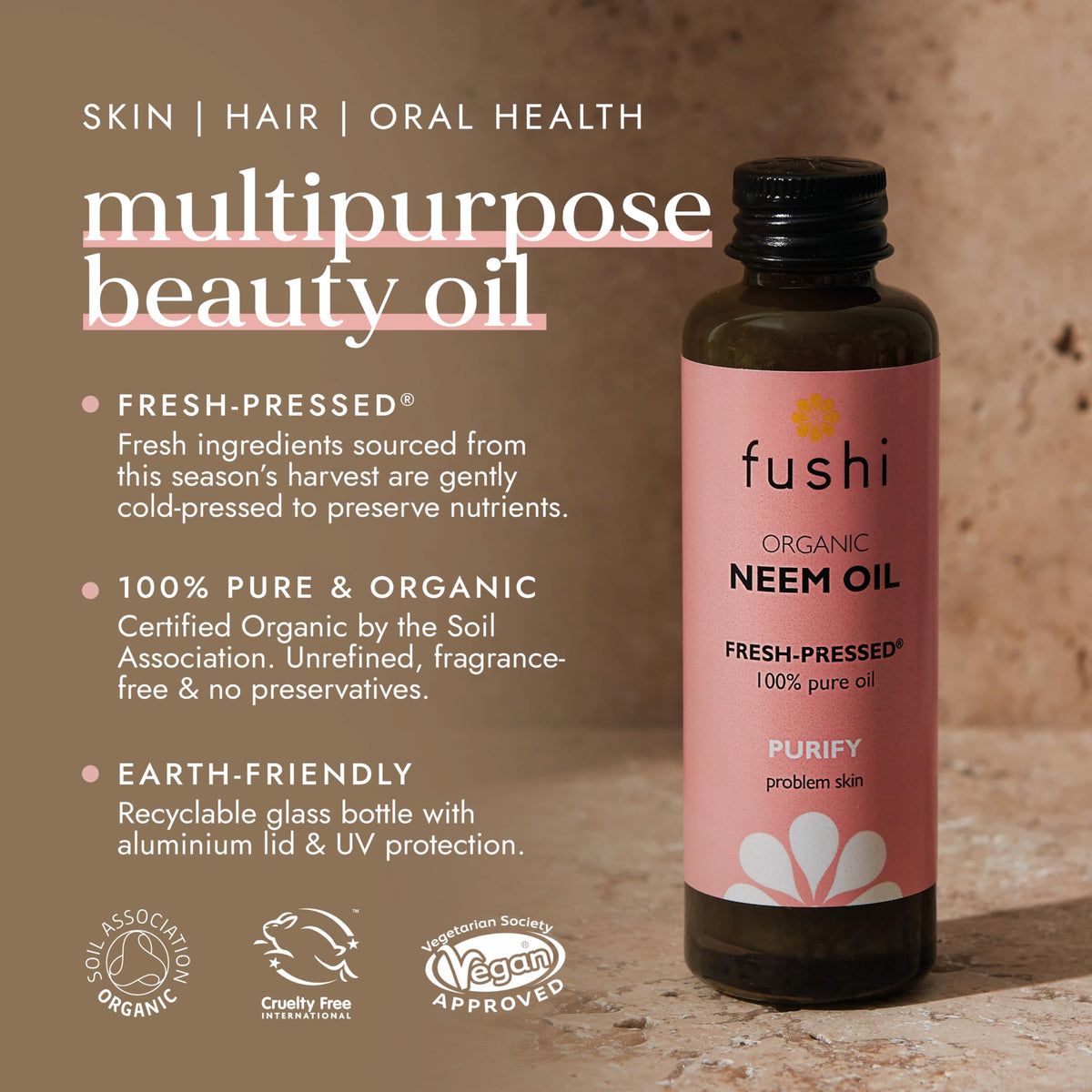 Fushi Organic Neem Oil, Virgin & Fresh-Pressed, Extracted from the Neem Tree, Best for Itchy Scalp, Skin Redness & Irritated Skin, Ethical & Vegan, Manufactured in UK, 50 ml