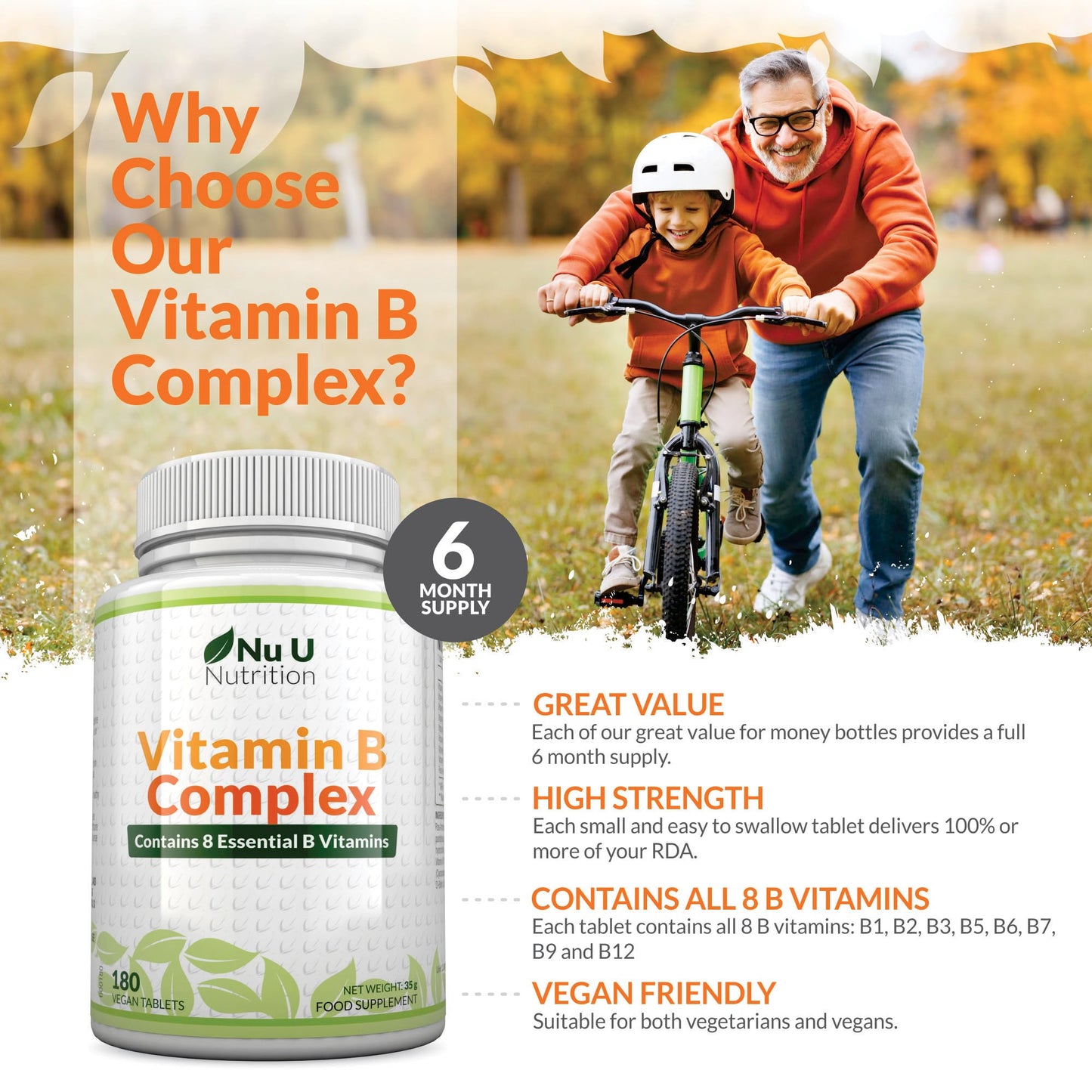 Vitamin B Complex High Strength - 180 Vegan Tablets - 6 Month Supply - Contains all 8 B Vitamins in 1 Tablet - Vitamins B1, B2, B3, B5, B6, B12, Biotin & Folic Acid - Nu U Nutrition