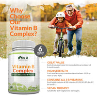 Vitamin B Complex High Strength - 180 Vegan Tablets - 6 Month Supply - Contains all 8 B Vitamins in 1 Tablet - Vitamins B1, B2, B3, B5, B6, B12, Biotin & Folic Acid - Nu U Nutrition