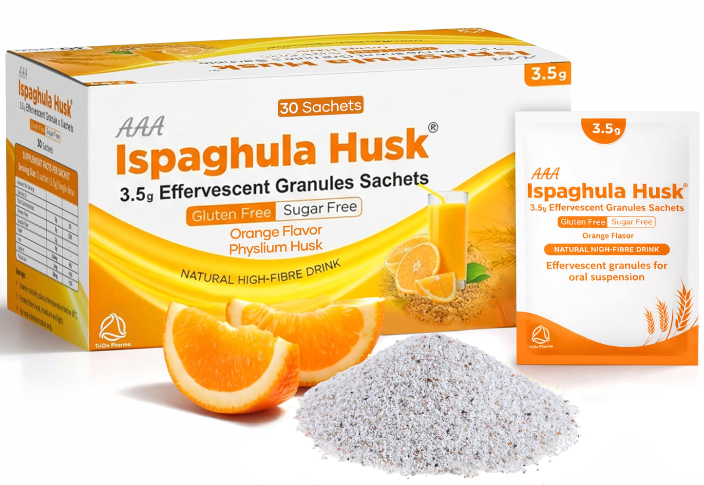 AAA Ispaghula Husk Orange Flavor – 30 Sachets |Natural High Fibre Drink | Effervescent Granules Sachets