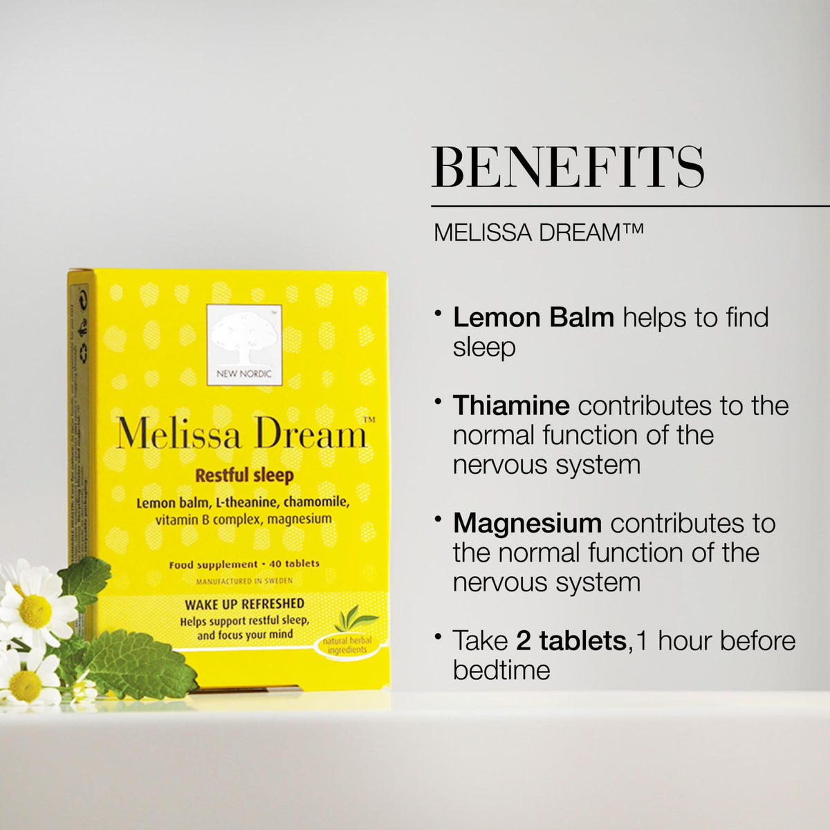 New Nordic Ltd New Nordic Melissa Dream - Melatonin-Free Natural Sleep Aid & Insomnia Relief for Adults - Magnesium & Chamomile - 40 Herbal Sleeping Tablets