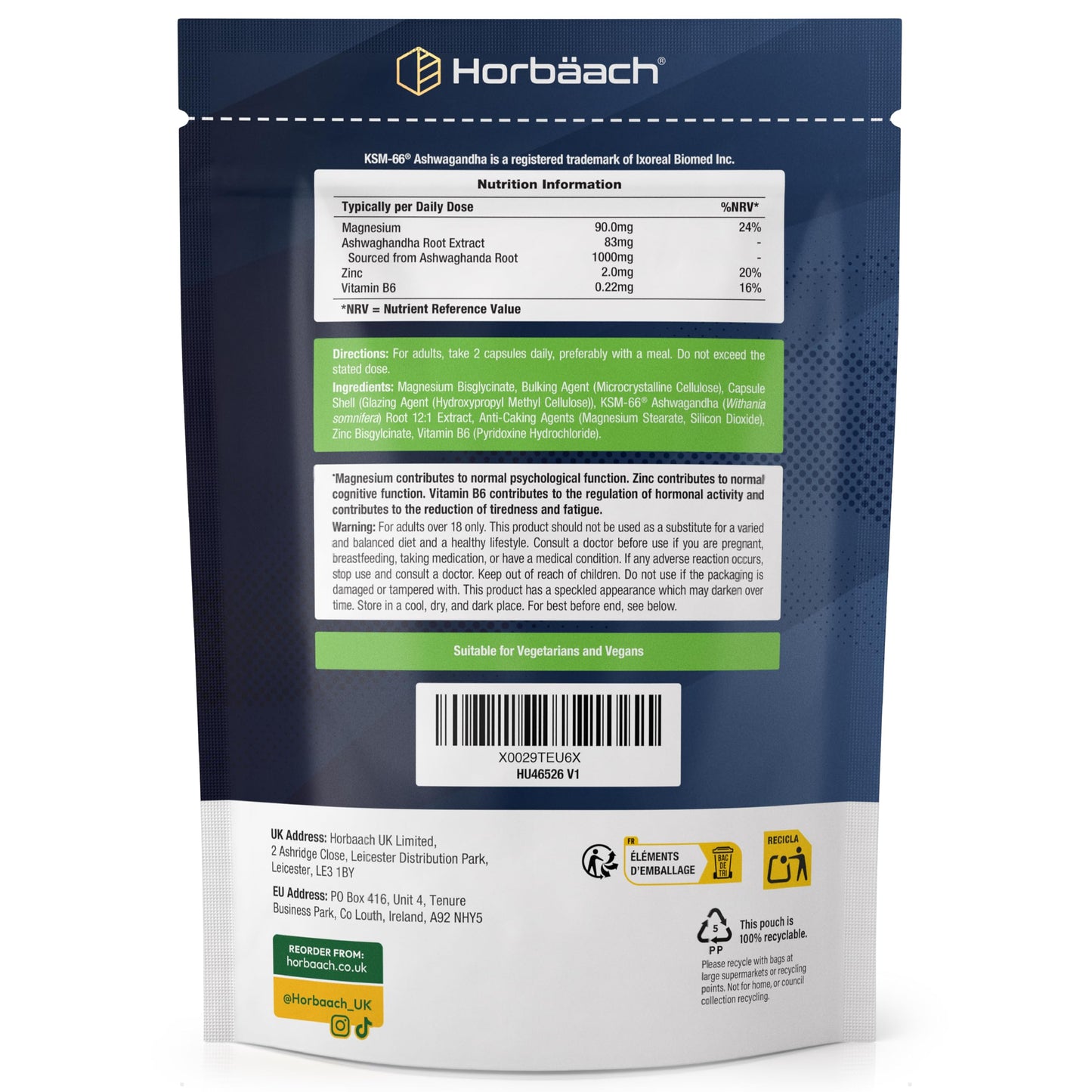 Horbäach Ashwagandha KSM-66 Complex with Magnesium, Zinc & Vitamin B6 | High Strength Ashwagandha Root Supplement | 120 Vegan Capsules | Horbaach