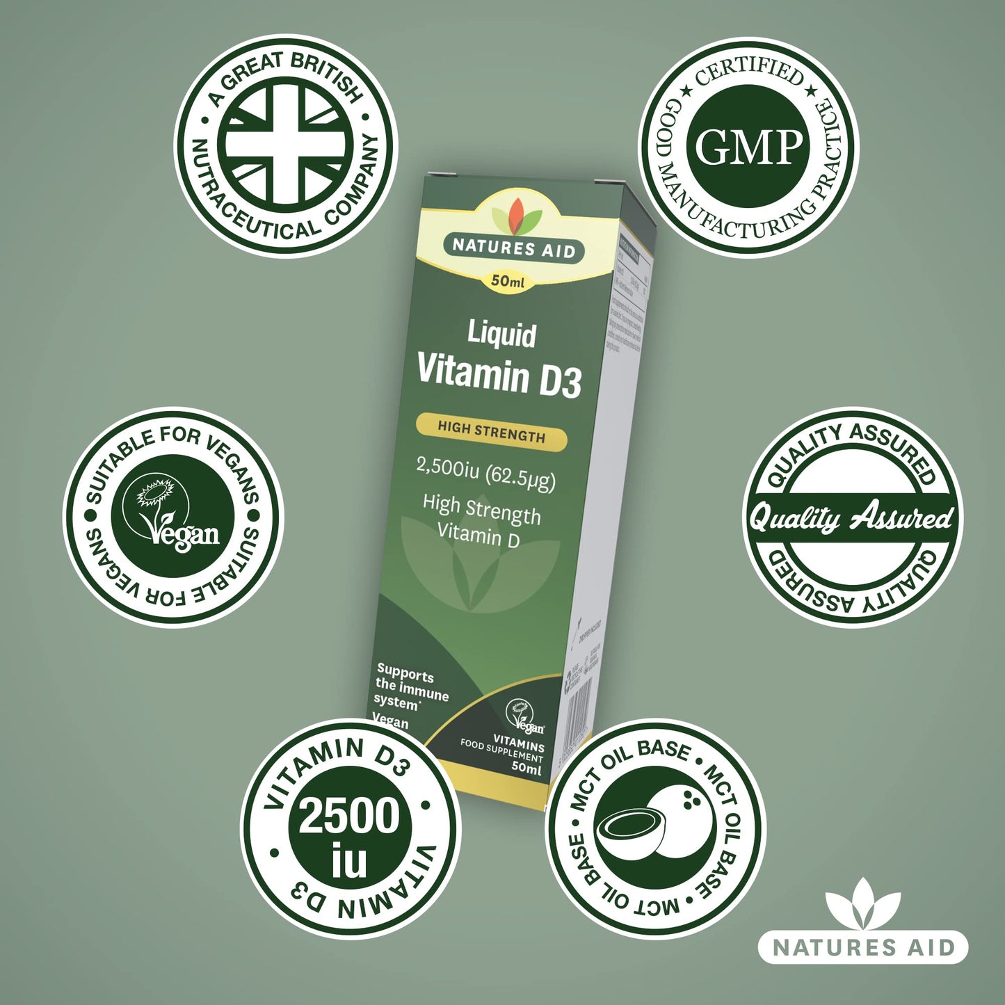 natures aid Natures Aid Vegan Vitamin D3/Cholecalciferol Liquid, 2500iu, Dropper Included, 50 ml (Pack of 1)