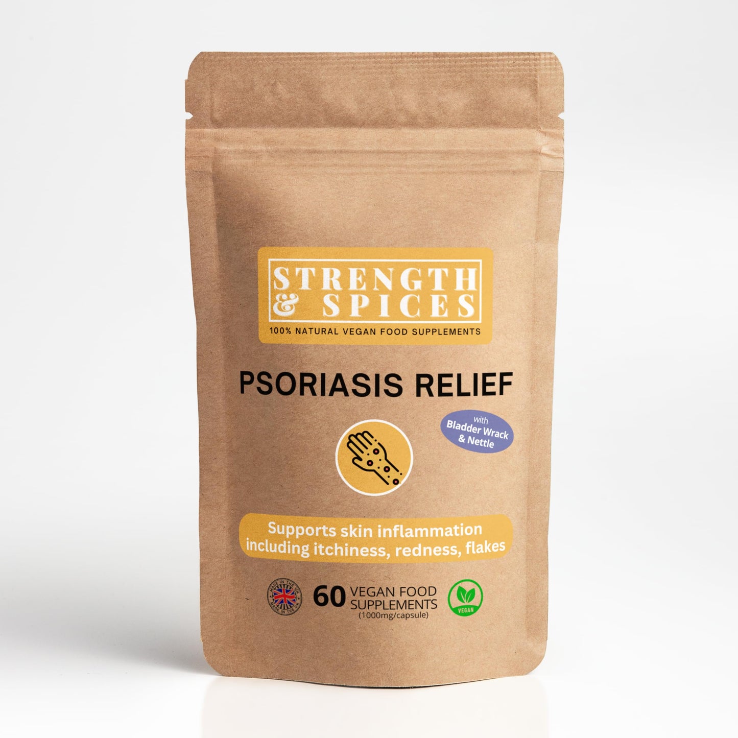 STRENGTH & SPICES100% Natural Vegan Food Supplements Strength & Spices Psoriasis Relief Skin Care Supplements, Immune System Booster with 31 Powerful Ingredients and Amino Acids, Soothes Red, Flaky Skin, 1000 mg, 60 Vegan Capsules, Refill