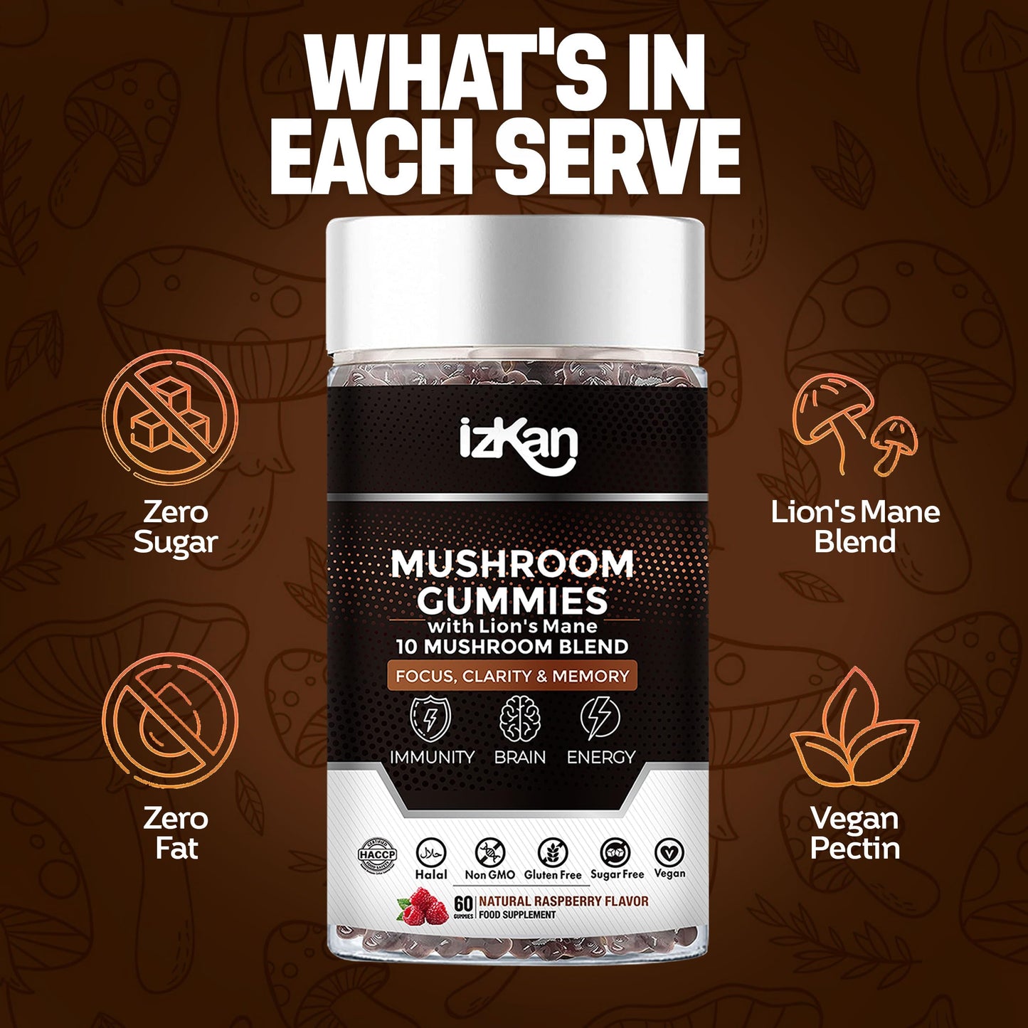 Izkan Mushroom Gummies Supplement 3000mg - 9 Mushrooms Gummies with Ashwagandha Supplement Promotes Nootropic Brain Supplement, Immune Support & Stress Relief - 60 Count (Halal, Gluten-Free, Vegan) (2)