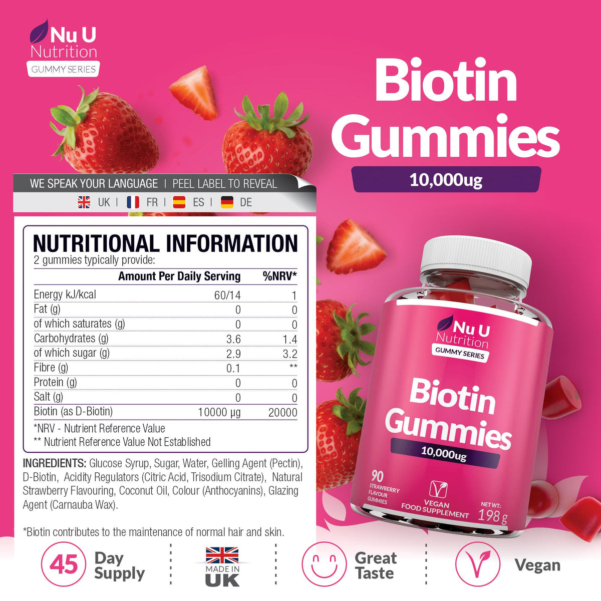 Biotin Hair Gummies 10,000mcg - 90 Vegan Gummies - Delicious Strawberry Flavour - Chewable Vitamin B7 Hair Vitamins - Gelatine Free - Made in the UK - Nu U Nutrition