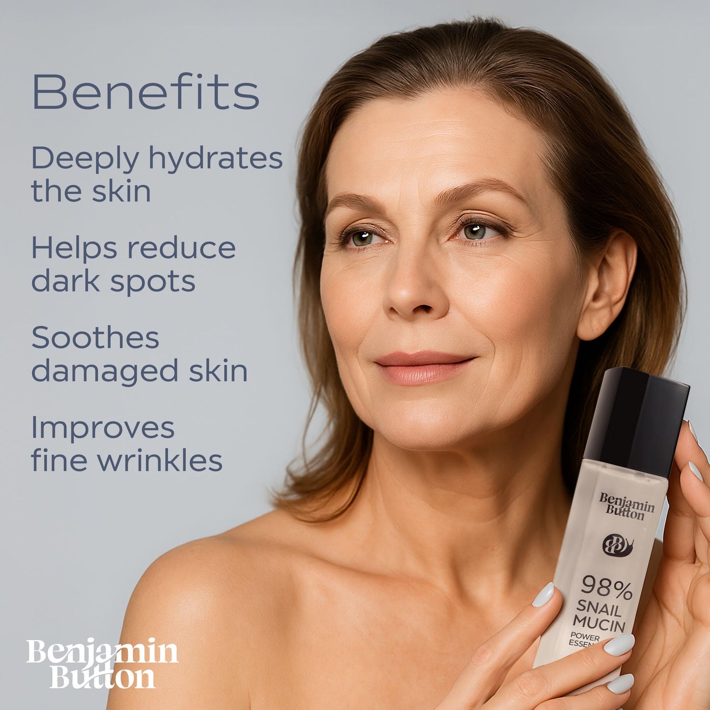 Benjamin Button 98% Snail Mucin Serum - Hydrating, Anti-Aging, & Brightening with Hyaluronic Acid, Niacinamide, Green Tea, Aloe Vera | Ideal for Sensitive Skin & All Skin Types