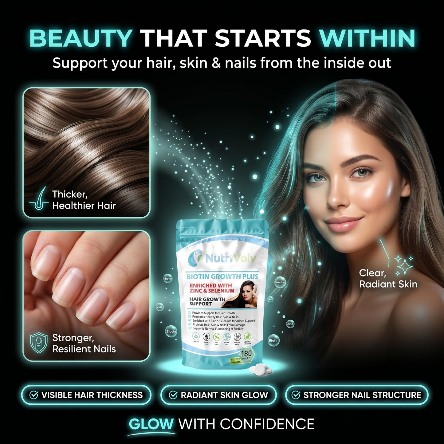 NutriVolv Biotin Hair Growth | Enhanced with Zinc & Selenium | 180 Tablets | 10,000mcg Biotin | Hair Vitamins Complex | Vegan | Hair Skin & Nails Vitamins for Men & Women | UK Made