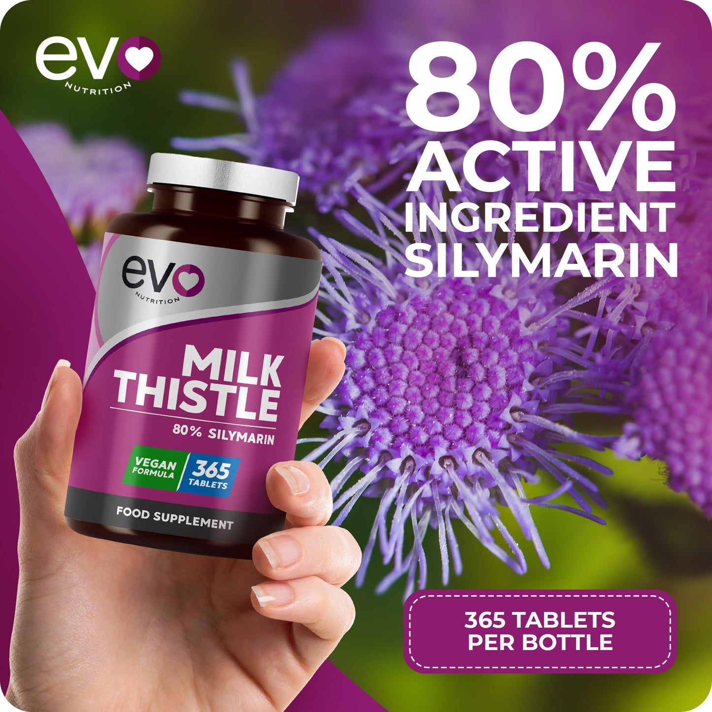 EVO NUTRITION Milk Thistle Tablets | 80% Silymarin | 365 Tablets | Vegan Supplement | Milk Thistle Capsules Alternative | Made in The UK