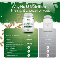 Organic Ashwagandha KSM-66® 1200mg - 180 Vegan Capsules not Tablets - High Strength Ashwaganda Root Extract with Organic Black Pepper - Made in The UK - Nu U Nutrition