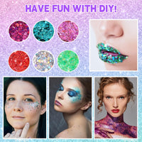 NVGVUP Body Glitter Gel with Gem Stickers Beauty Set, 6 Colours Face Glitter Makeup & 3 PCS Festival Face Gems Stick On, Face Gems Rhinestone for Makeup, Nail
