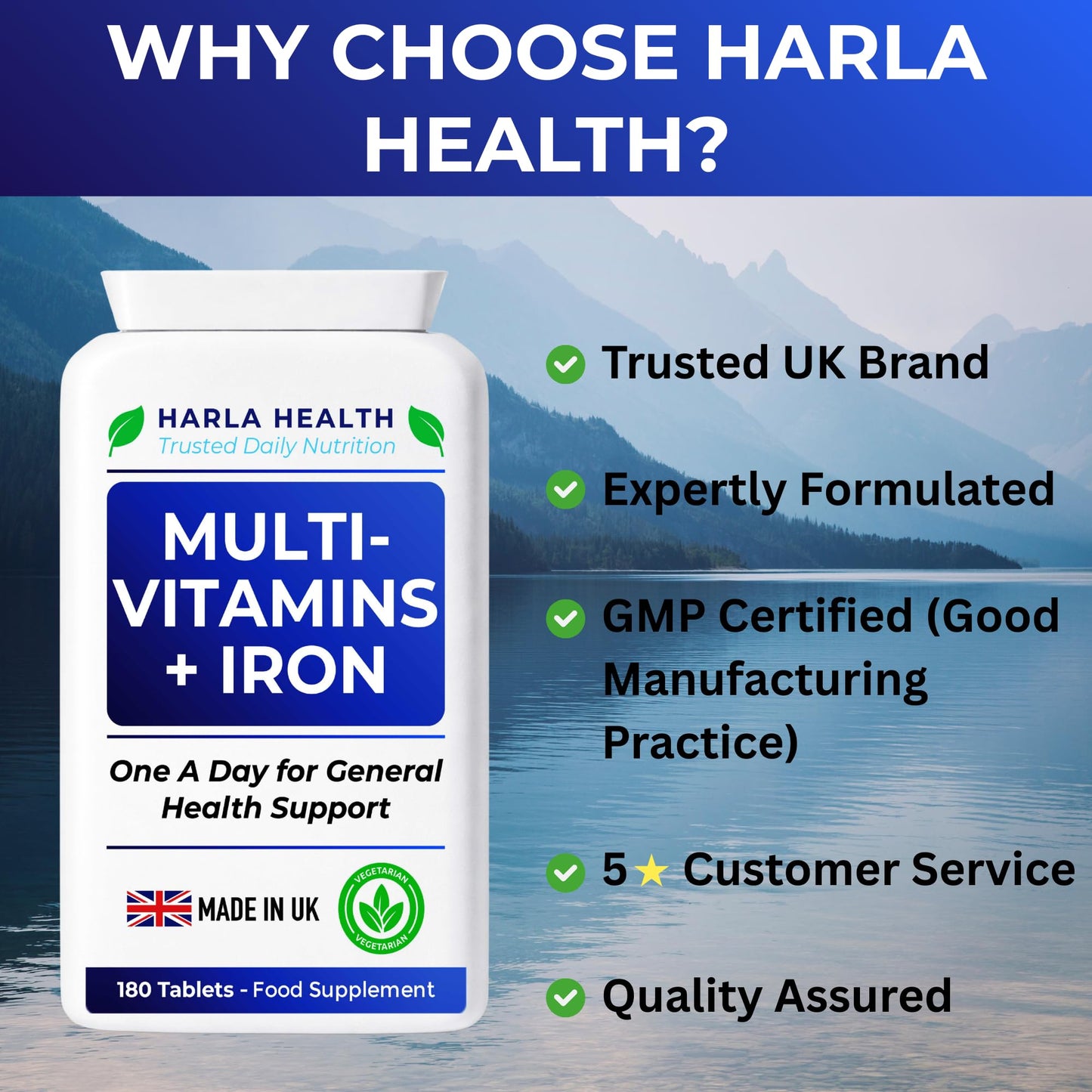 Harla Health Multivitamins with Iron | 180 Vegetarian Tablets | 6 Month Supply | Daily Multivitamin for Men & Women | Energy, Immune System & Overall Wellbeing Support | UK Brand | GMP Certified