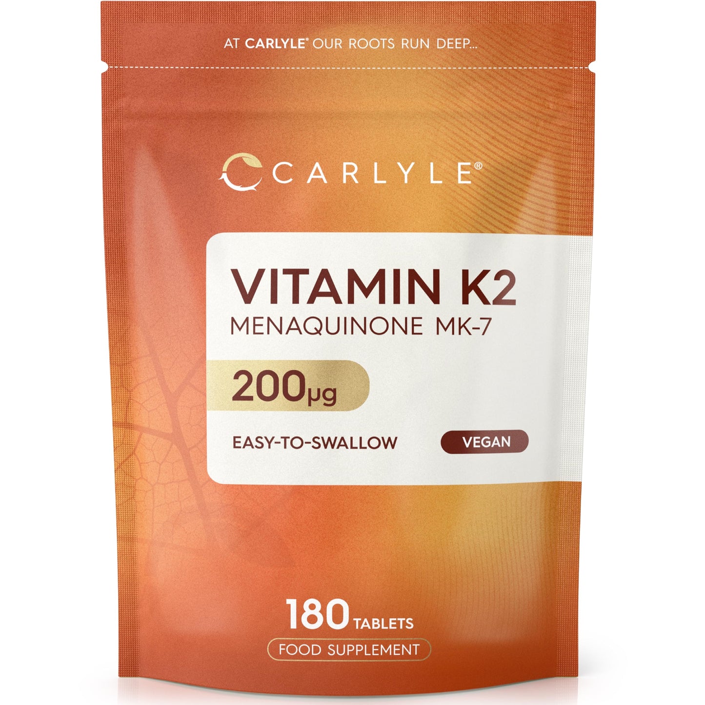 Vitamin K2 MK7 200mcg | High Strength | 180 Vegan Tablets | Menaquinone-MK7 | Suitable for Vegetarians and Vegans | By Carlyle
