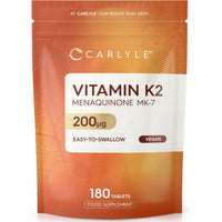 Vitamin K2 MK7 200mcg | High Strength | 180 Vegan Tablets | Menaquinone-MK7 | Suitable for Vegetarians and Vegans | By Carlyle