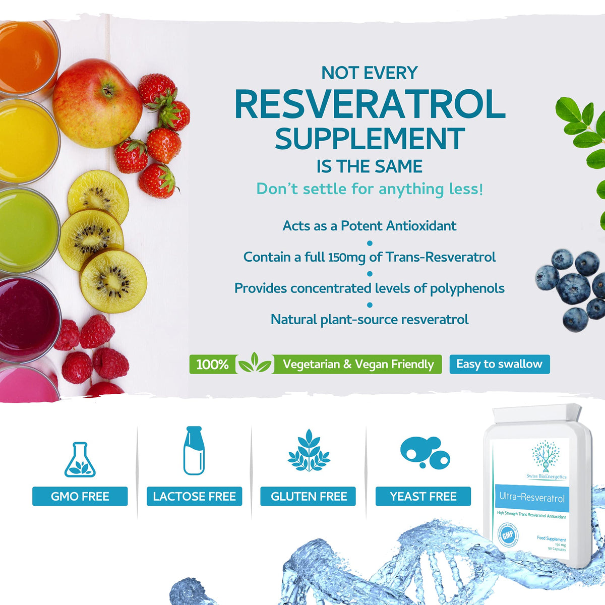 swiss bioenergetics Ultra-Resveratrol 150mg 90 Capsules - High Strength 150mg Trans Resveratrol - High Potency Targeted Release Antioxidant Supplement