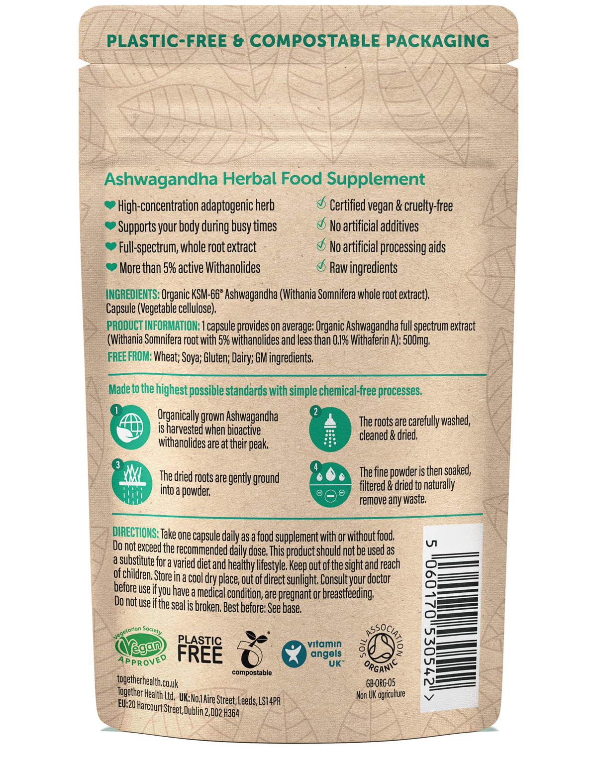 Ashwagandha – Together Health – 100% Organic Certified Ashwagandha Roots – High Concentration, Full Spectrum Extract – Vegan Friendly – Made in The UK – 90 Vegecaps - Pack of 3