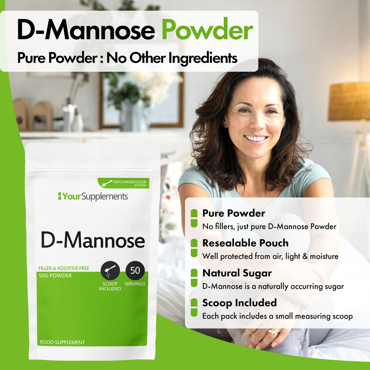 YourSupplements Your Supplements - D Mannose Pure Powder 50g | Natural & Non GMO | Vegetarian & Vegan Friendly | Scoop Included