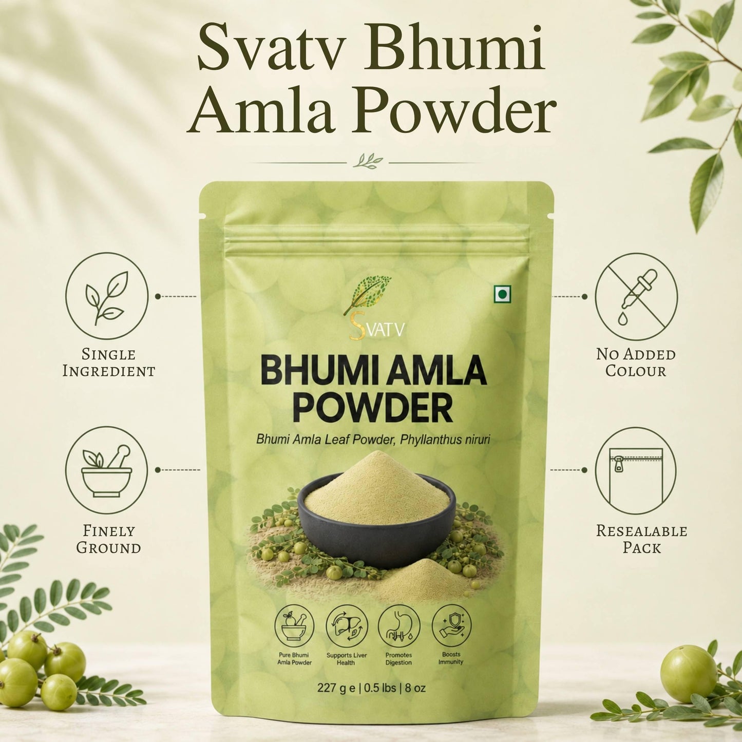SVATV Herbal Bhumi Amla Powder (Phyllanthus Niruri) Chanca Piedra Herb | Antioxidant - 227g, 8oz, 0.5 Lbs